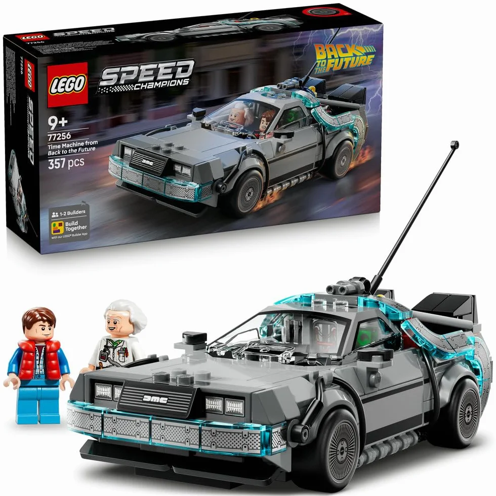 LEGO Speed Champions Wehikuł czasu z Powrotu do przyszłości, zabawka dla dzieci od 9 lat, model samochodu i dwie minifigurki Marty McFly i doktor Brown, prezent dla chłopców i dziewczynek 77256