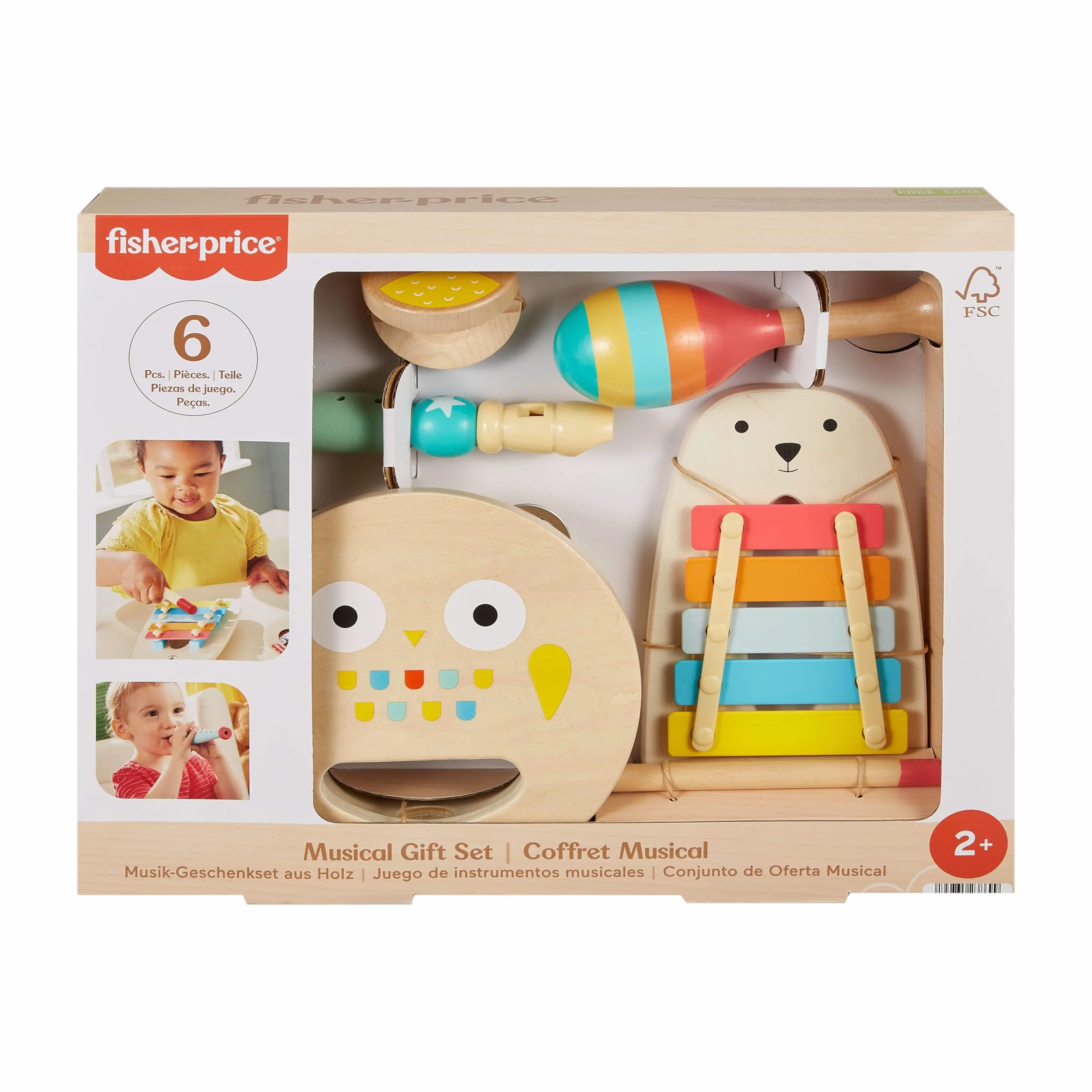 Fisher-Price Drewniane instrumenty Zestaw prezentowy z 6 drewnianymi elementami dla dzieci od 2 roku życia, HXT90