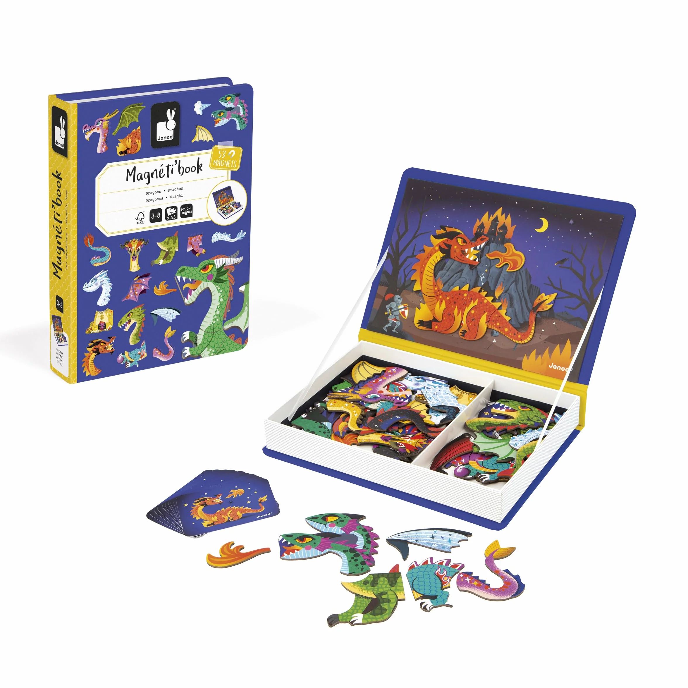 Janod - Magnetic 'Book Dragons - Magnetyczna gra edukacyjna 53 magnesy + 10 modeli - zabawka dla dzieci z tektury FSC - rozwija zręczność i wyobraźnię - od 3 lat - J02527, Fioletowy