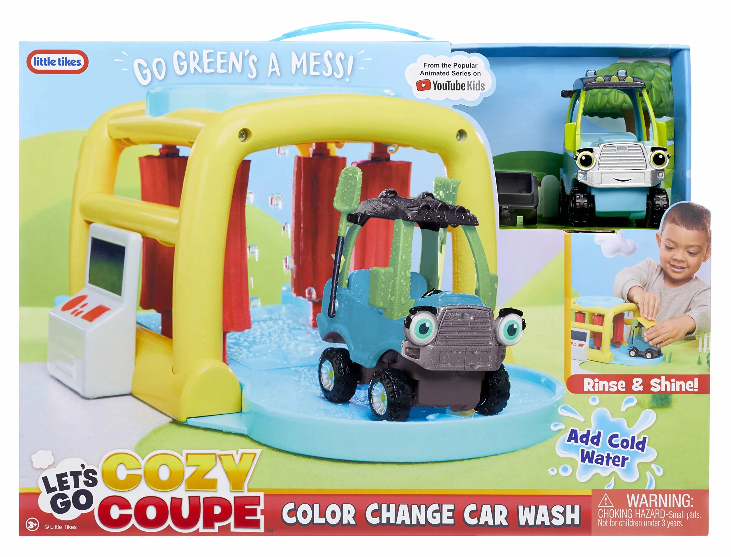 Little Tikes Let's Go Cozy Coupe - Myjnia samochodowa zmieniająca kolory z pojazdem do pchania i zabawy - w zestawie ciężarówka Go Green, narzędzia ogrodowe i wózek - dla maluchów od 3 roku życia