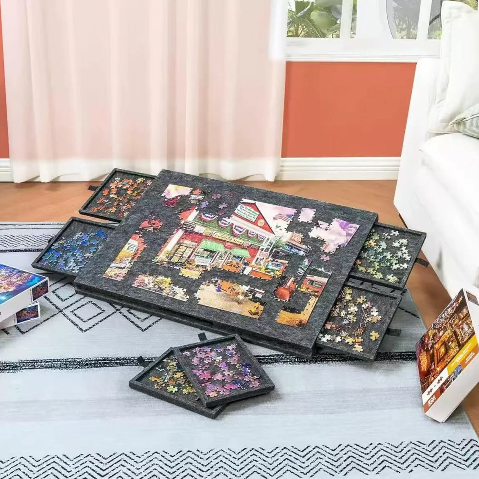 Tablica do układania puzzli z 6 szufladami i pokrywą, do 1500 elementów, lekka, przenośna plansza z filcowymi puzzlami z regulowaną podstawą, dla dorosłych i dzieci beige 1500 pieces