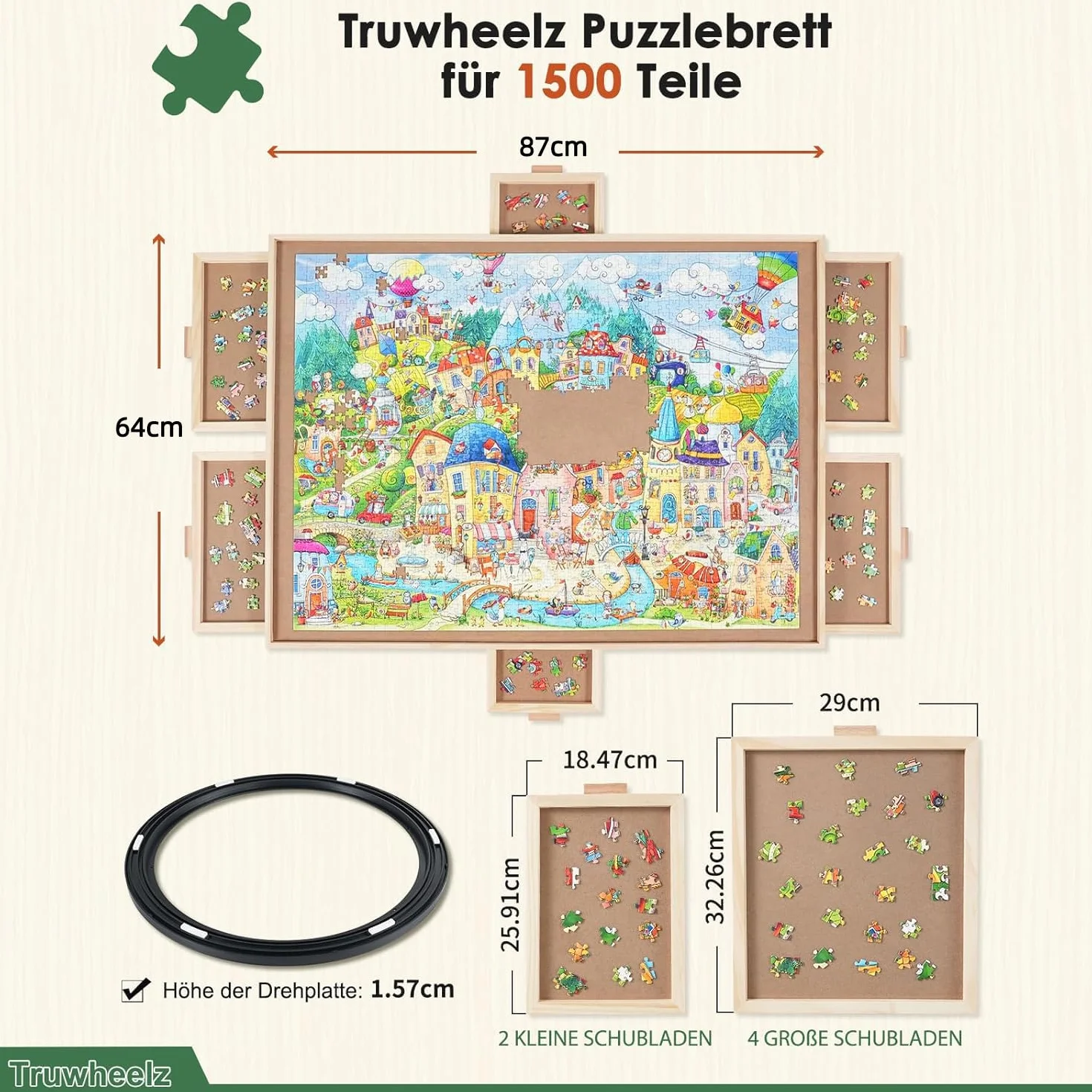 1500-elementowa obrotowa układanka z 6 szufladami i pokrywą, przenośny drewniany stół do układanek,64x 87cm dla dorosłych, obrotowa układanka Lazy Susan, prezent świąteczny dla mamy