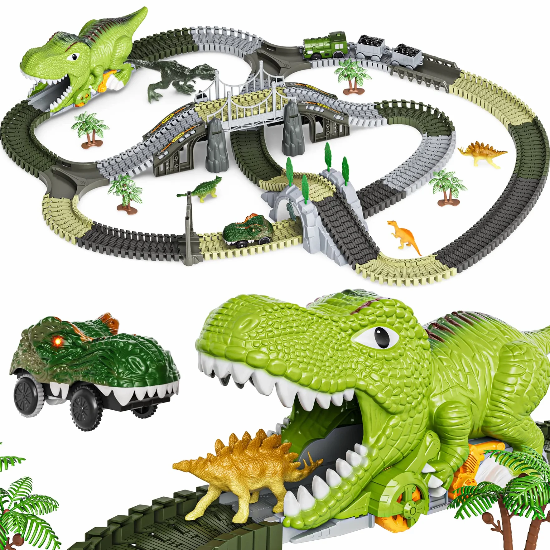 Dinozaur Zabawki Wyścig Tor,281 szt. Dinozaur Zabawki Pociągowe dla dzieci w Wieku 3 4 5 6 lat,Elastyczny pociąg Tory z 4 Dinozaurami,2 Elektryczne Samochody Wyścigowe ze światłami dla Dzieci
