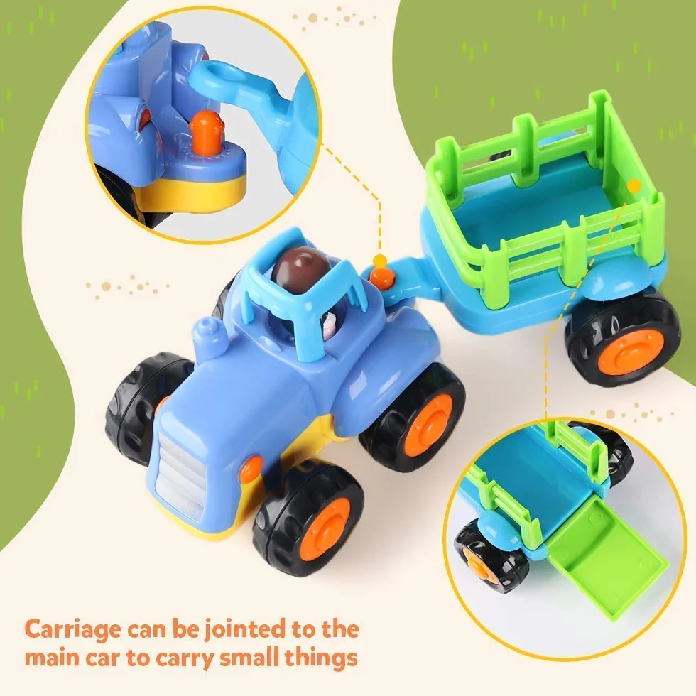 Coogam Push and Go Autos Reibung Angetriebenes Baufahrzeug Frühes Pädagogisches Spielzeug für 1 2 3 Jahre Alte Baby Kleinkinder - Satz von 4 - Traktor-Planierraupe-Betonmischer-LKW und Kipper