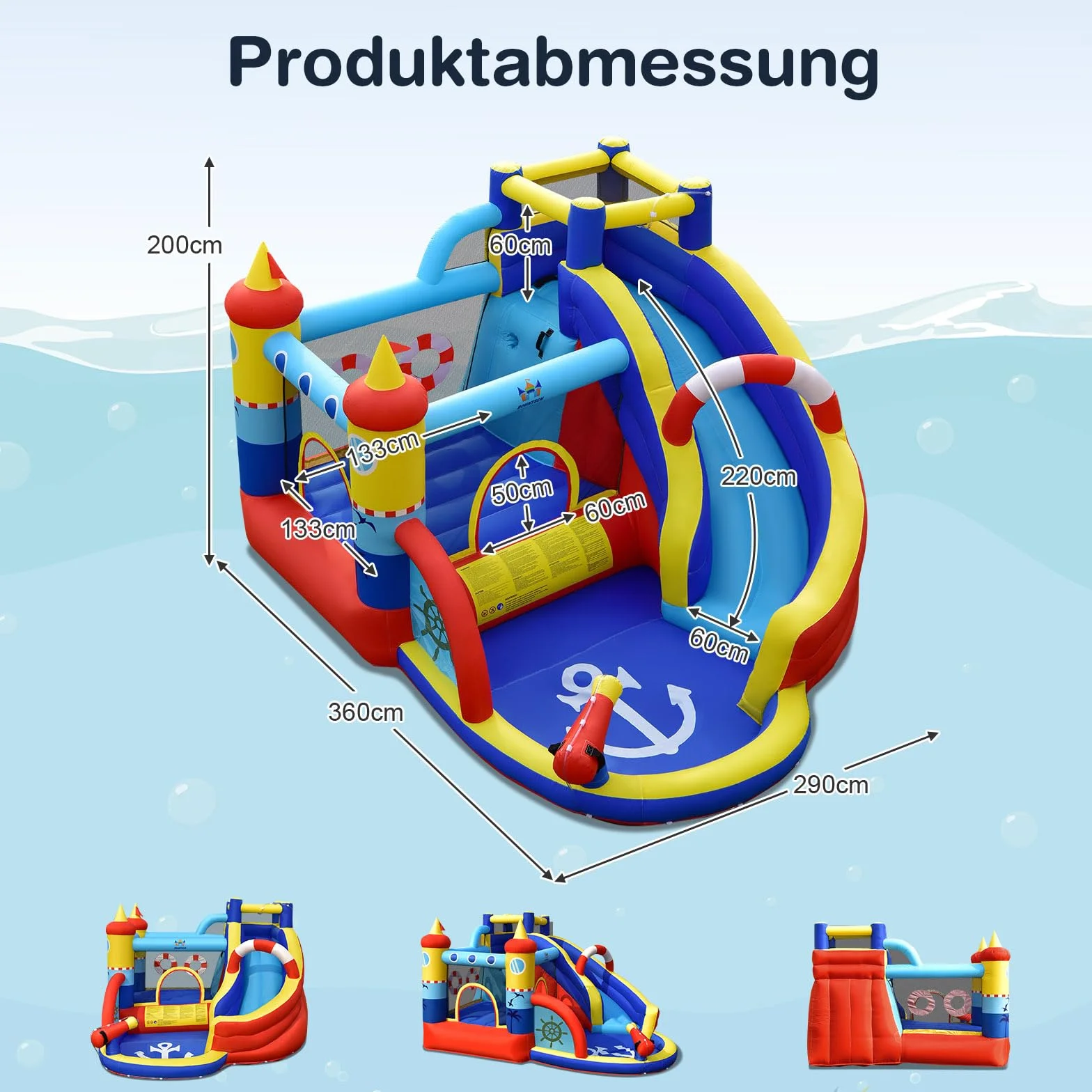 COSTWAY Nadmuchiwany zamek dmuchany z dmuchawą 550 W, park wodny 6 w 1 ze zjeżdżalnią i brodzikiem, do użytku na zewnątrz dla dzieci, do ogrodu, 360 x 290 x 200 cm