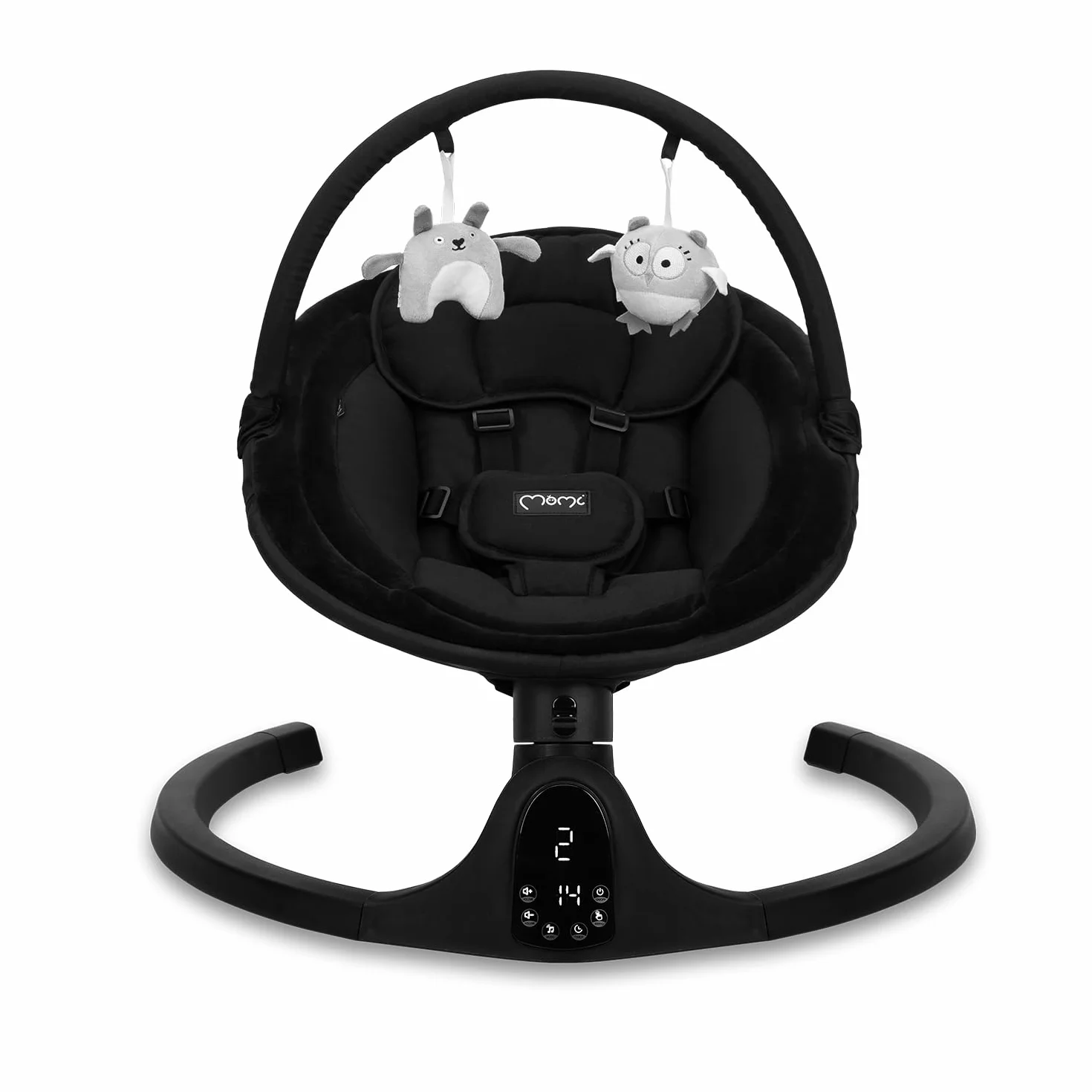 MOMI KENANI ONYX huśtawka do 9 kg, wyświetlacz LED, pilot zdalnego sterowania, Bluetooth do smartfonów, zasilanie bateryjne/sieciowe, 5-punktowe szelki bezpieczeństwa, łuk i zabawki
