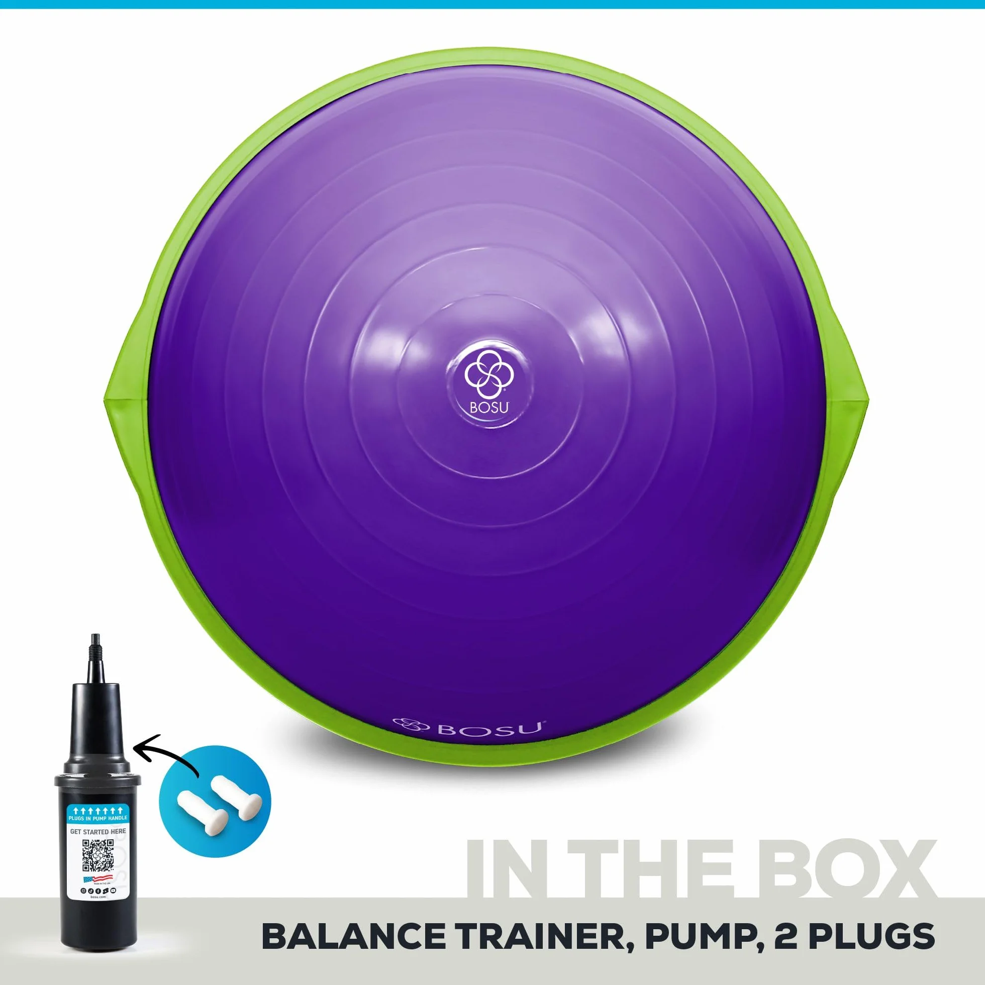 Bosu Balance Ball Trenażer równowagi, sprzęt do ćwiczeń w domu z przewodnikami treningowymi i pompką, 66 cm, niebieski – nadmuchiwana platforma fitness do treningu siłowego, ćwiczeń, równowagi