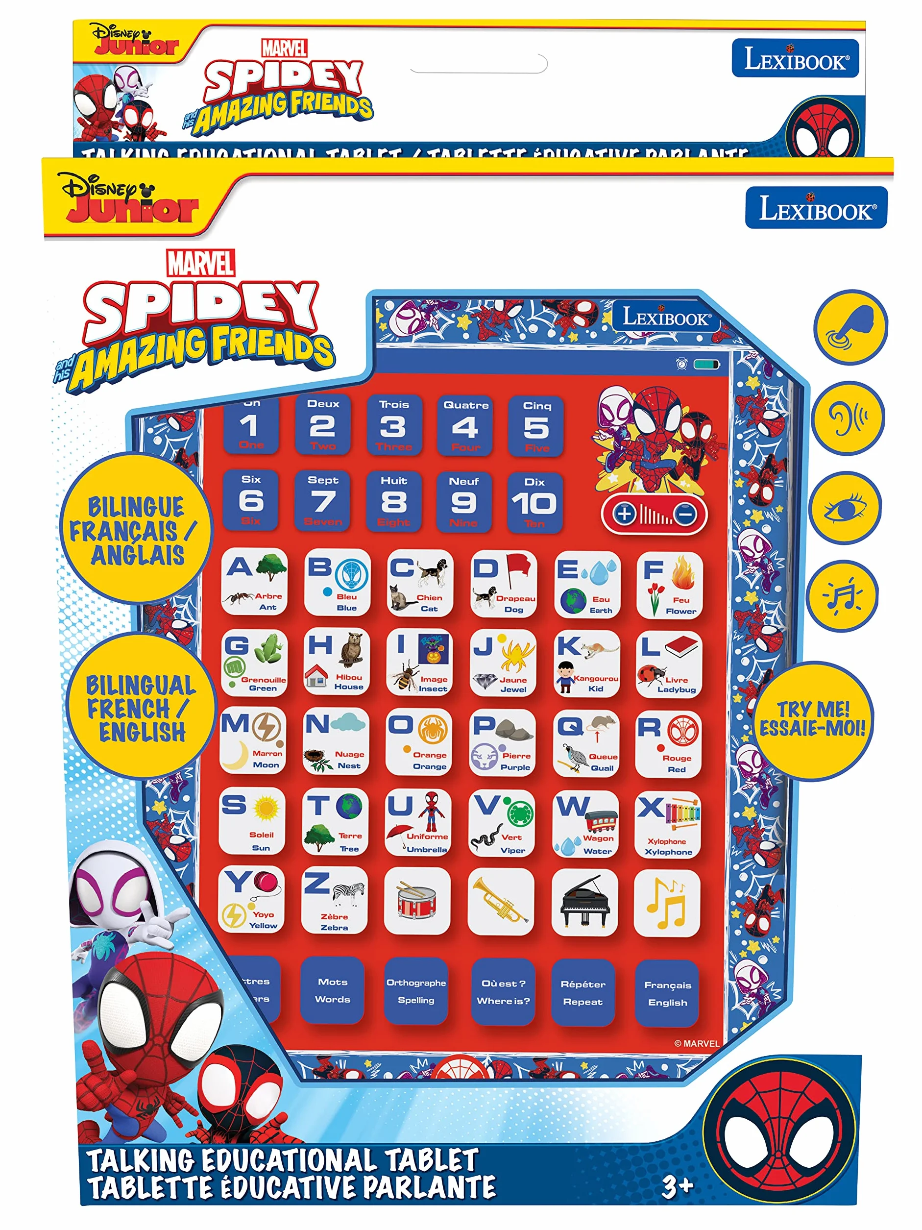 Lexibook, Spidey And His Amazing Friends, Dwujęzyczny Tablet Edukacyjny, Języki Francuski, Angielski, Litery, Liczby, Fortepian, Quiz, JCPAD002SPi1
