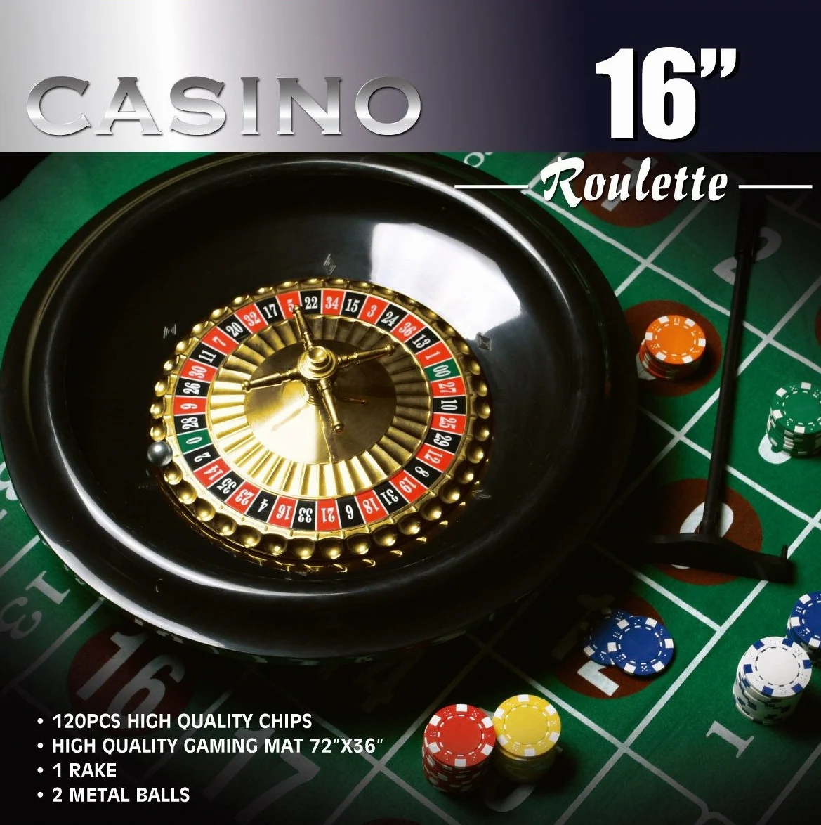 DA VINCI 16-calowy zestaw kół do ruletki z 120 żetonami 11,5 g, filcowy wzór 3 x 6 stóp i grabie