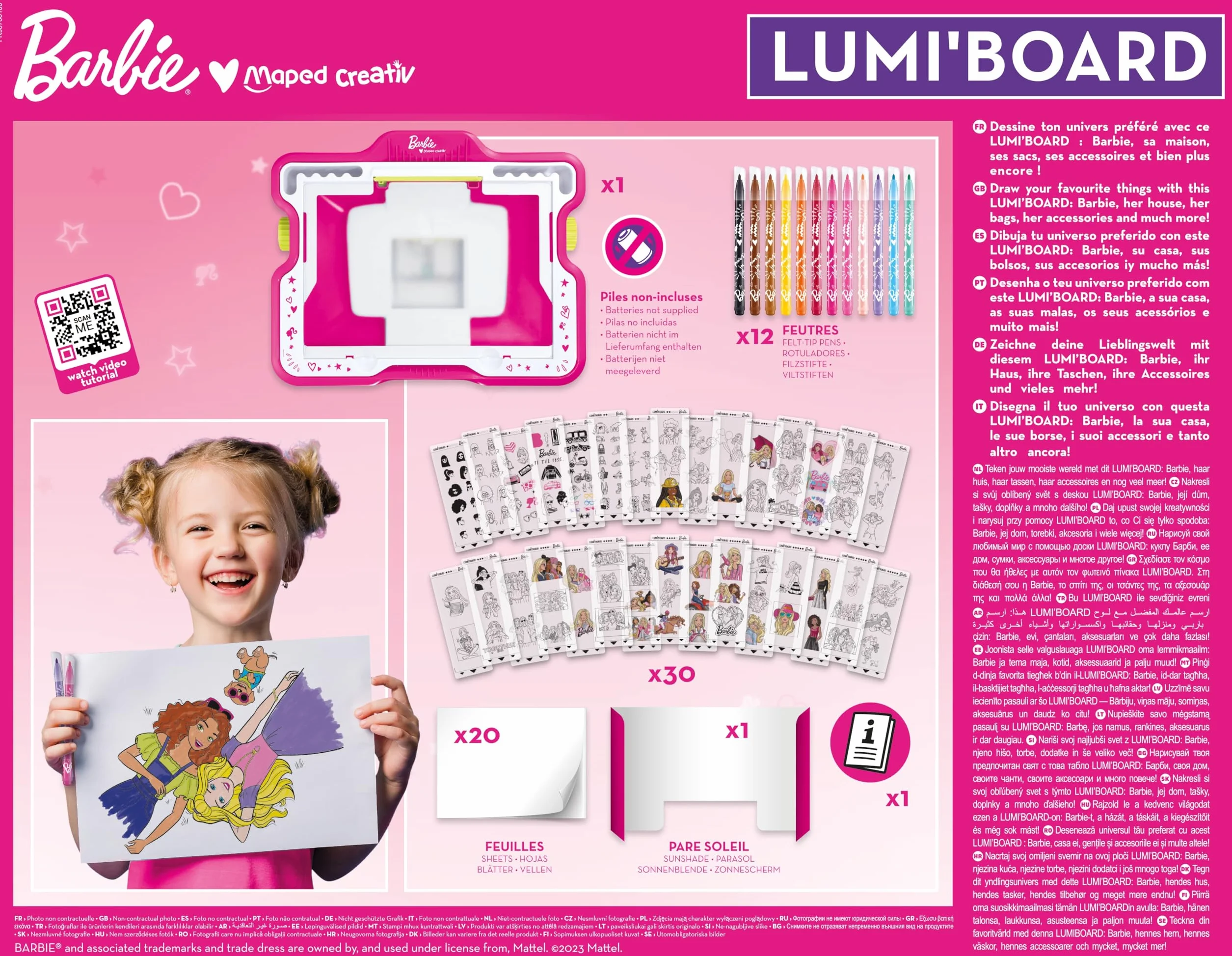 Maped Creativ - Barbie Lumi Board - Stół do rysowania ze światłem - Kolekcja Creativ - 30 szablonów Barbie - Zawiera osłonę słoneczną i markery - od 5 lat