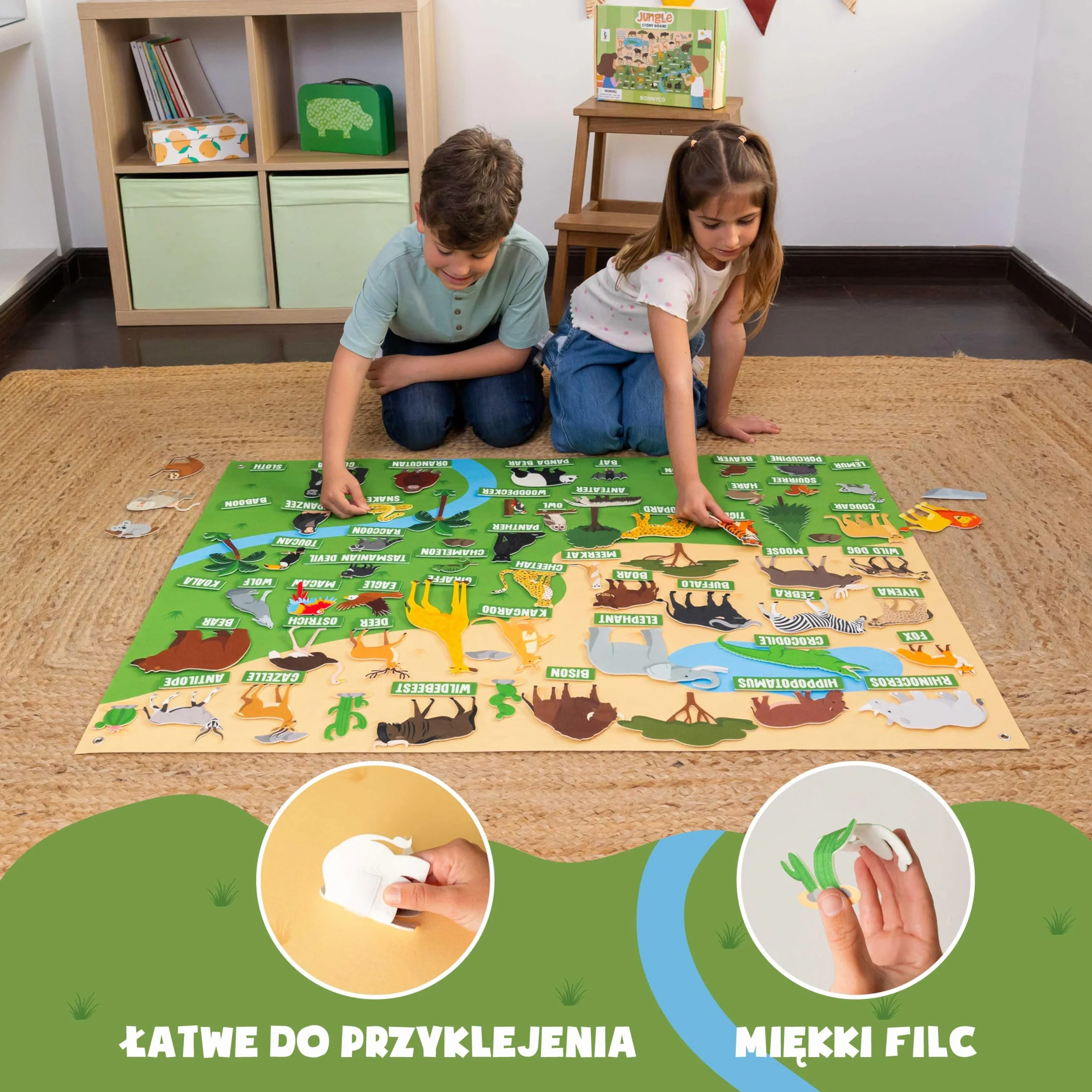 BONNYCO Tablica Filcowa z 116 Figurkami Zwierząt Dżungli. Zabawki Montessori, Prezenty Urodzinowe dla Dzieci w Wieku 3-8 Lat. Panel Sensoryczny dla Autystów, Edukacyjne Materiały