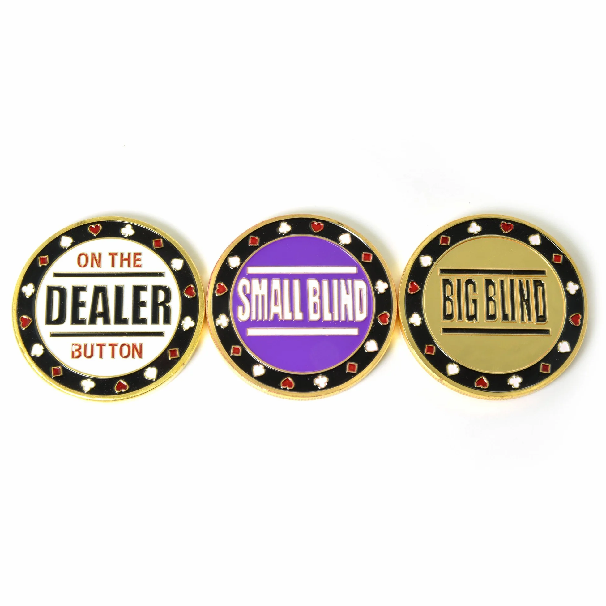Ganzoo zestaw Dealer Button Small Blind Big Blind w etui, 3 masywne metalowe monety pokerowe, ryflowane krawędzie antypoślizgowe, trójwymiarowe tłoczenia po obu stronach, Ø40 mm, grubość 3,1 mm