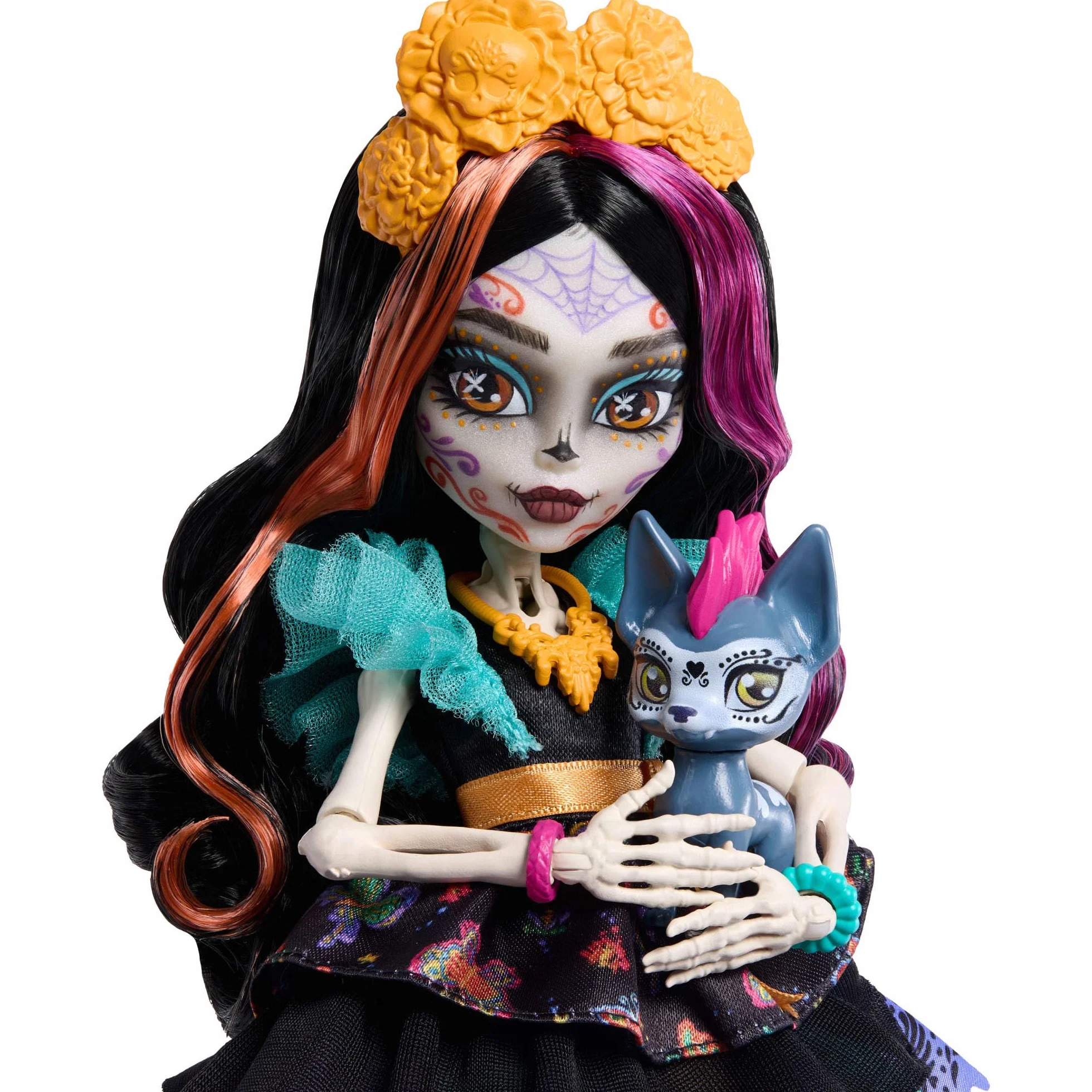 Monster High Skelita Calaveras Lalka + akcesoria, kolorowa sukienka inspirowana papel picado, piesek Candelita, 7 akcesoriów, w tym szkicownik, „przekąska” i torebka, zabawka dla dzieci 4+, JHK34