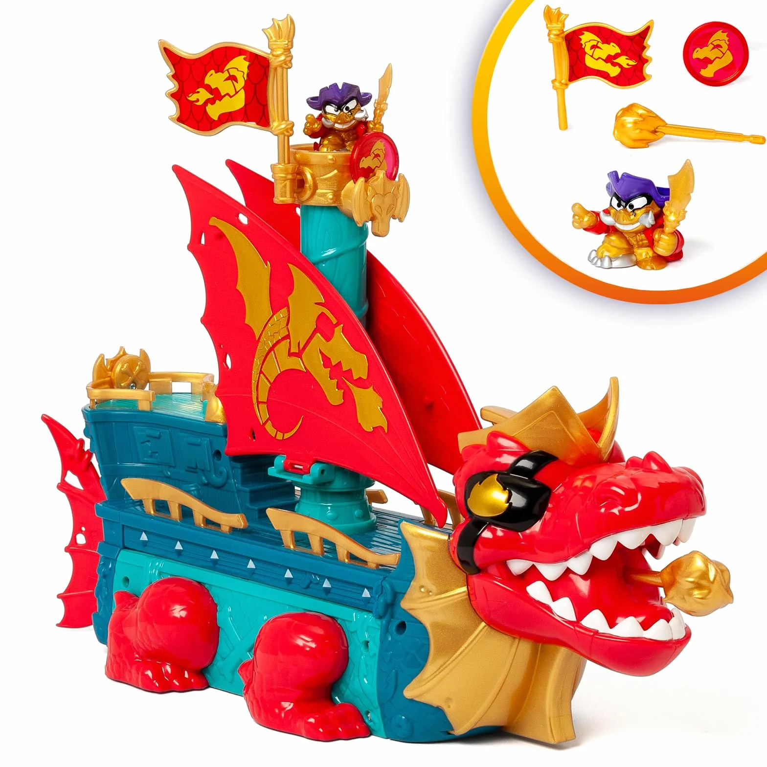 PIRATIX Dragon Ship – smoczy statek z Pyratix, 3 w 1: Ziemia, morze i powietrze. Zawiera 1 statek smoka, 1 ekskluzywny piratik, 1 ekskluzywny skarb, 1 flagę i 1 pocisk