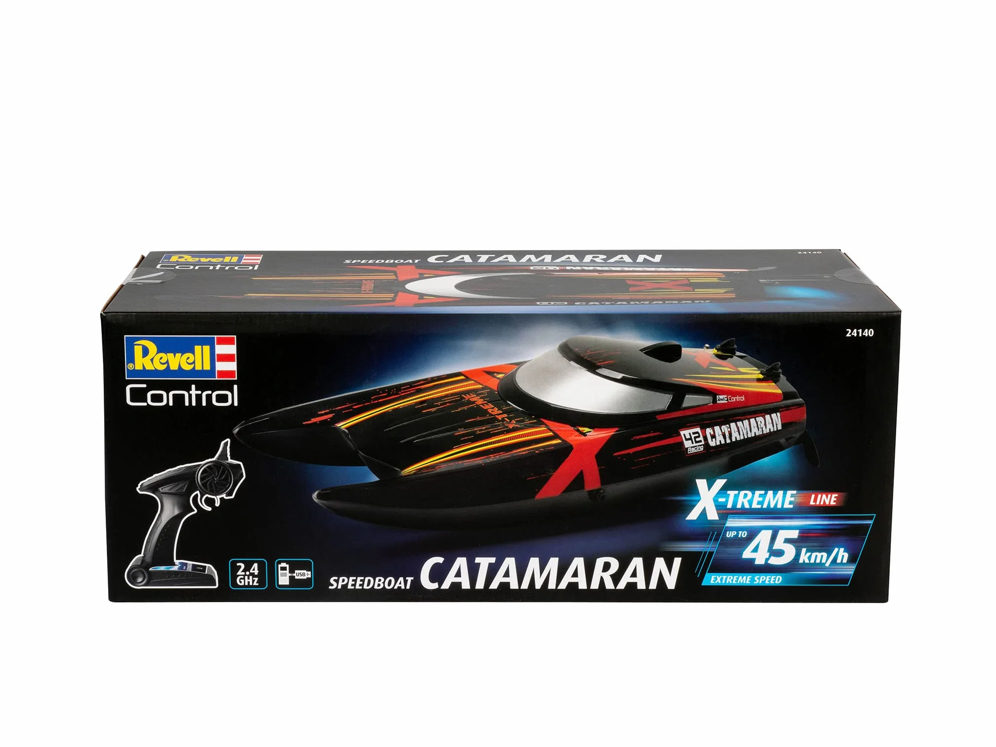 Revell Pilot zdalnego sterowania 24140 X-TREME katamaran łodzi z precyzyjnym sterowaniem 2,4 GHz, do 45 km/h, zabezpieczenie przed przewróceniem, akumulator litowo-jonowy 7,4 V, 2-kanałowy, śmigła