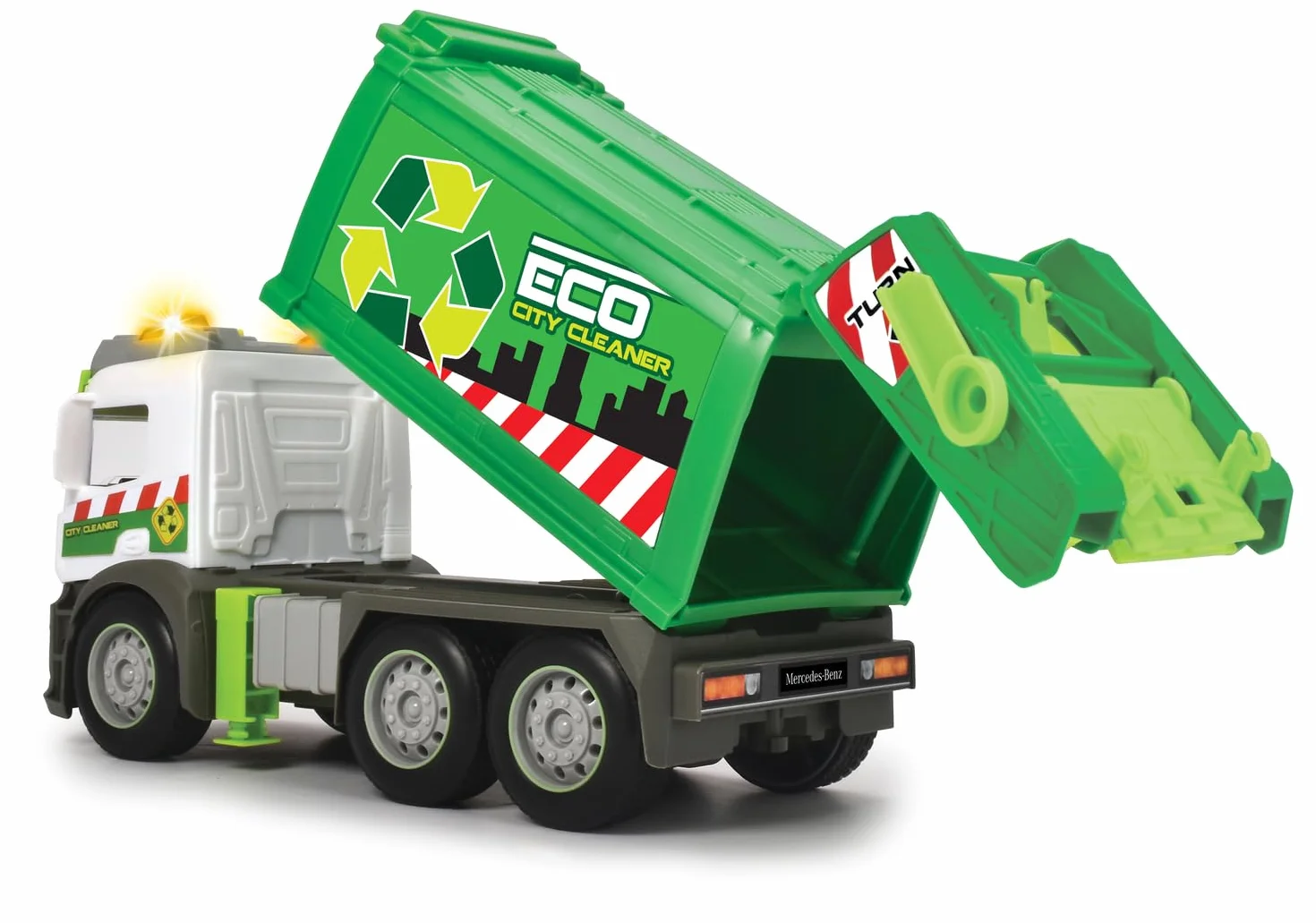 Dickie Toys 203745014 CITY Śmieciarka Mercedes z ruchomym koszem z dźwiękiem i światłem ostrzegawczym, funkcja załadunku i rozładunku, auto zabawkowe dla dzieci od 3 lat, 26 cm