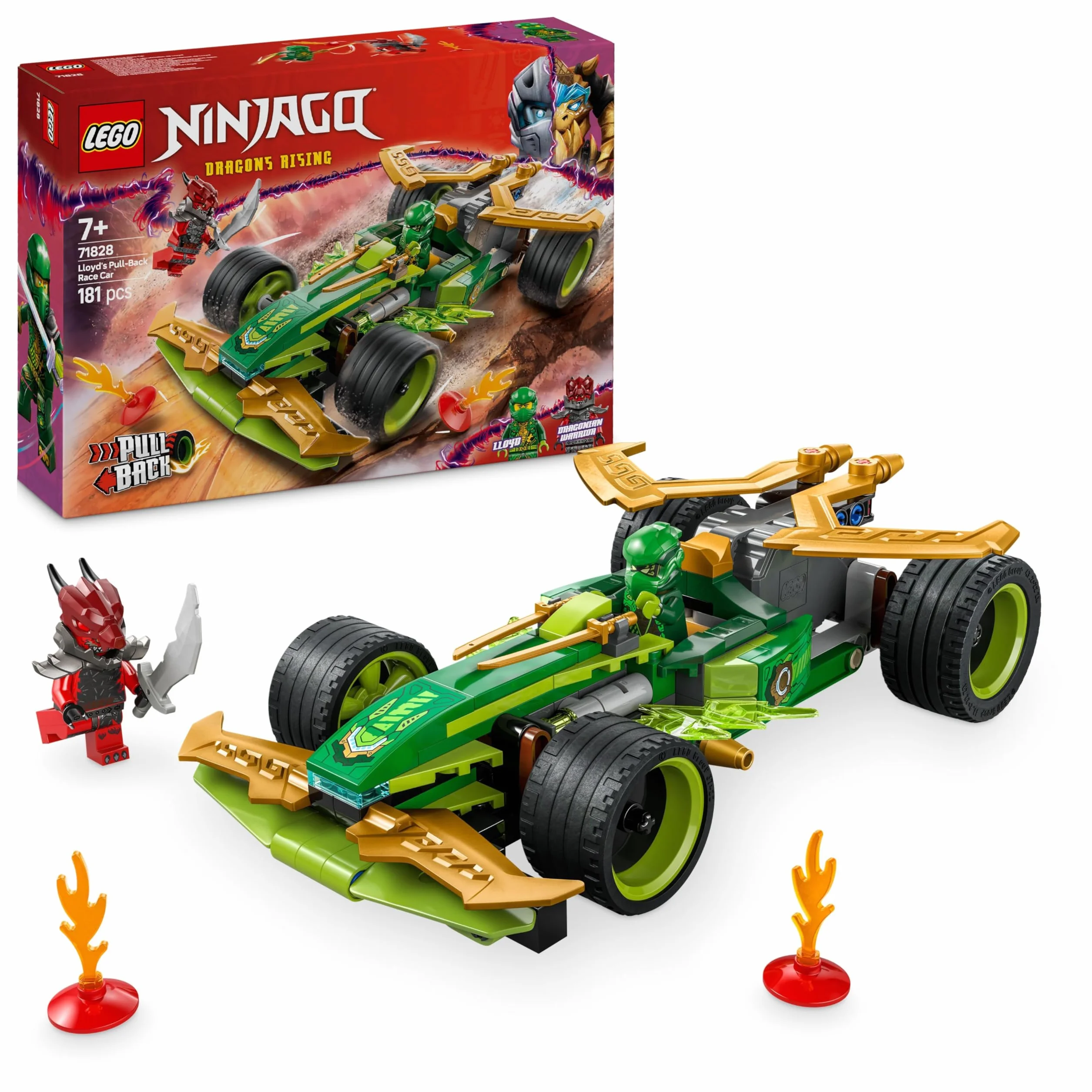 LEGO NINJAGO Samochód wyścigowy Lloyda z napędem typu pull-back, Model Wyścigówki Ninja, Zabawka Konstrukcyjna dla Dziecka z Dwiema Minifigurkami, Prezent dla 7-latka, dla Chłopca i Dziewczynki 71828