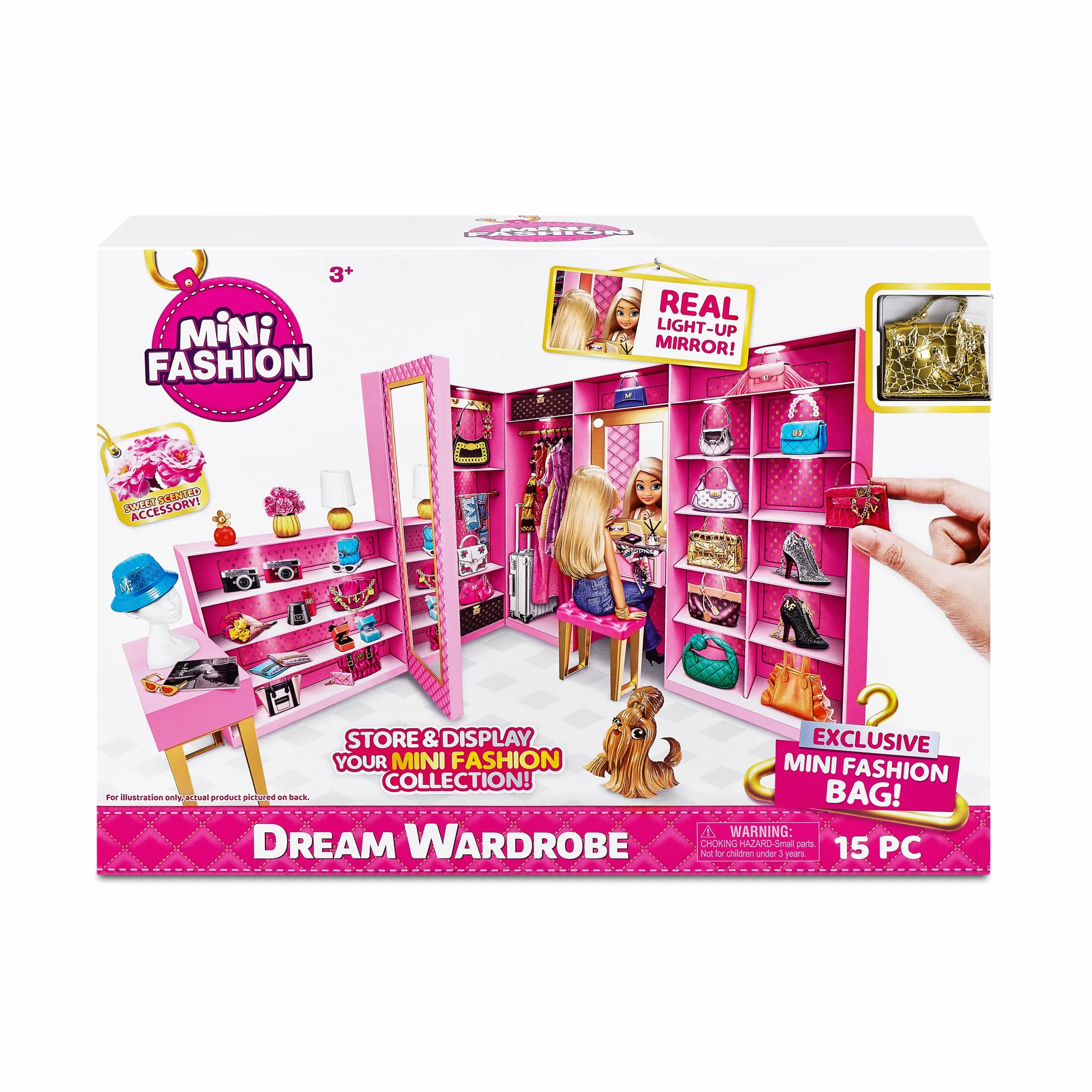 Mini Brands ZURU Mini Fashion Dream Wardrobe by ZURU z ekskluzywną metaliczną mini torebką modową i 25 obszarami do przechowywania akcesoriów do hold doll akcesoria prezent dla dziewcząt, Who Love