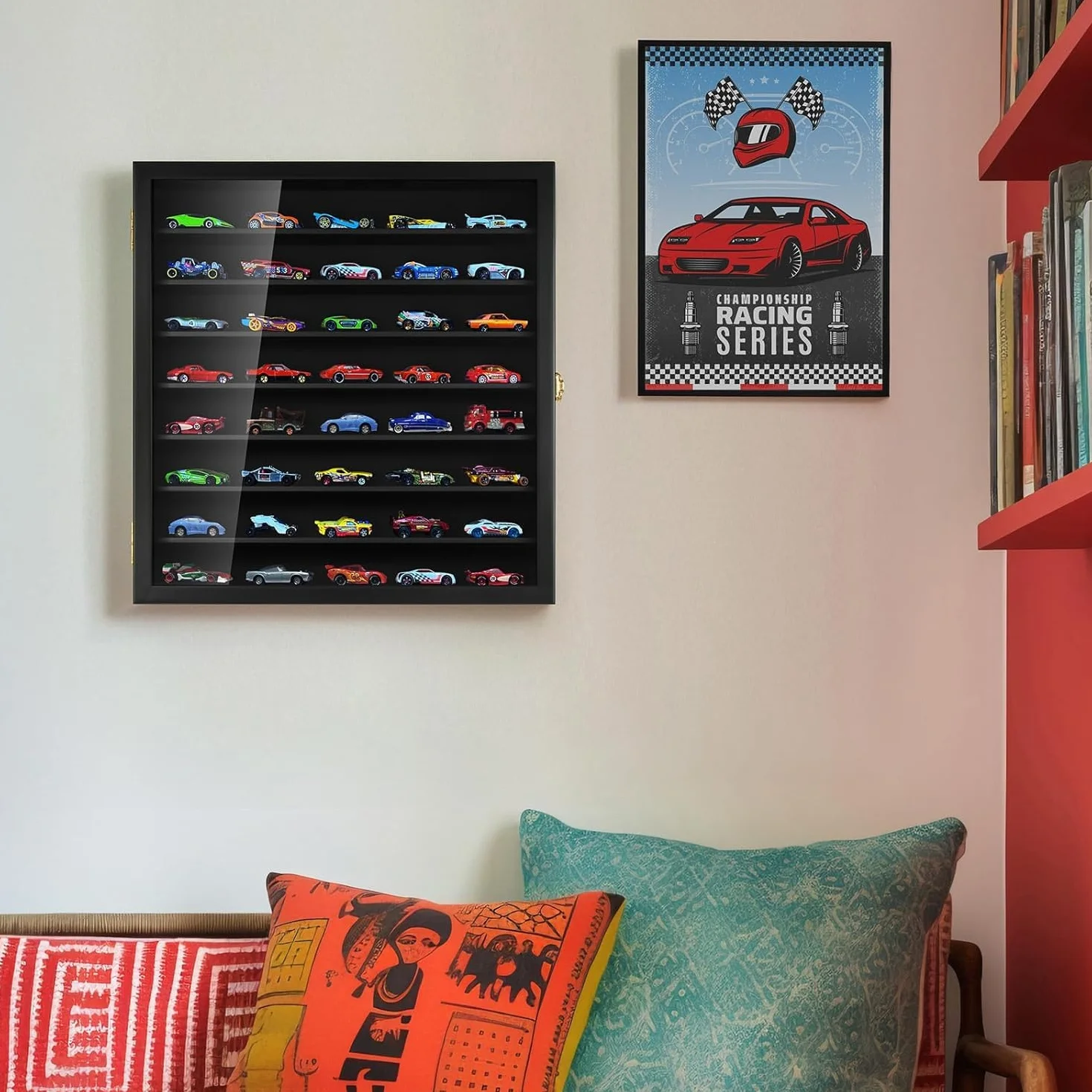 TJ.MOREE Model Car Display Case 1/64 Scale Diecast Wall-Mounted for Mini Toys and Small Wheels, Black