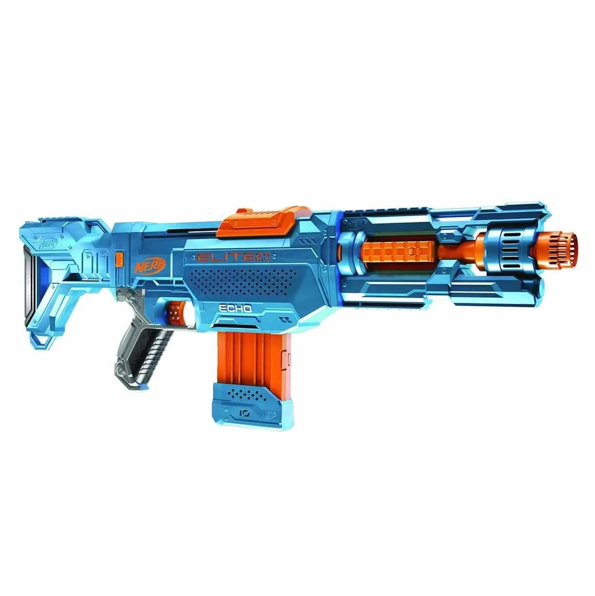 Wyrzutnia Nerf Elite 2.0 Echo CS-10-24 oryginalne strzałki Nerf, 10-strzałkowy magazynek, zdejmowana kolba, przedłużenie lufy, 4 szyny na akcesoria.