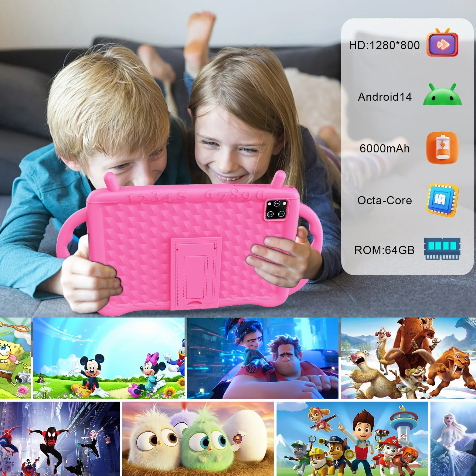 Tablet dla dzieci 10 cali, 2024 najnowszy tablet dla dzieci, Android 14 Octa-Core 2.0 GHz, 10 GB RAM + 64 GB ROM (TF 1 TB), WiFi, Bluetooth, podwójny aparat, kontrola rodzicielska, aplikacja