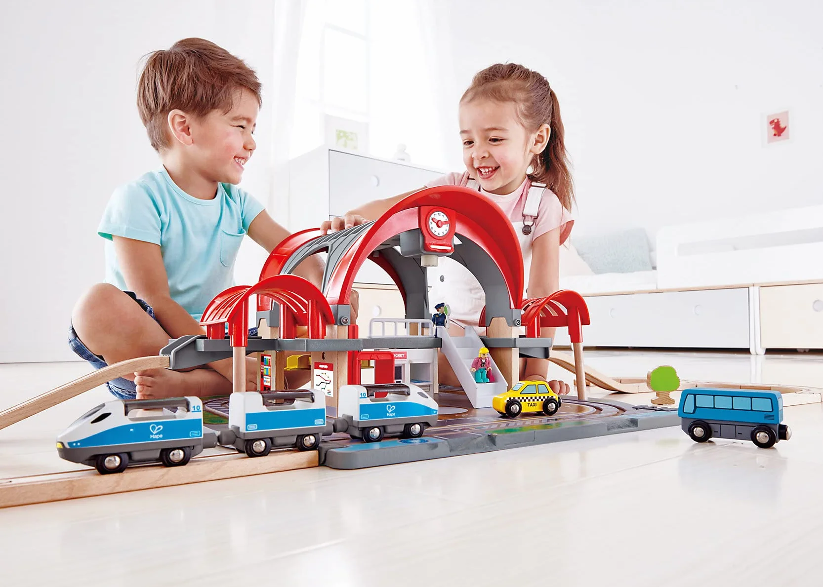 Hape Grand City Station, Wooden Pretend Play Railway Set with Projector and Recorder, For Kids