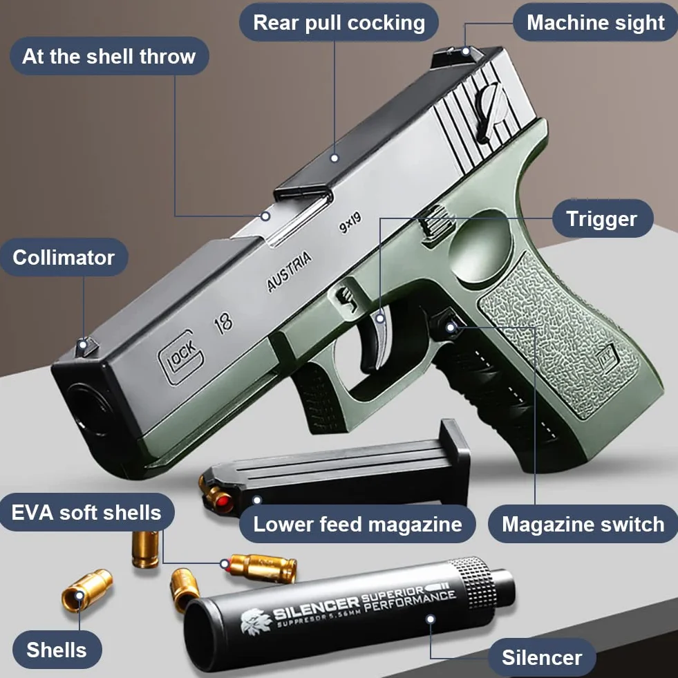 Miękki pistolet kulowy, pistolet do zabawy z miękką kulą, pistolet dziecięcy z tłumikiem, do modelu pistoletu dla 12 + prezentów dla dzieci (zielony)