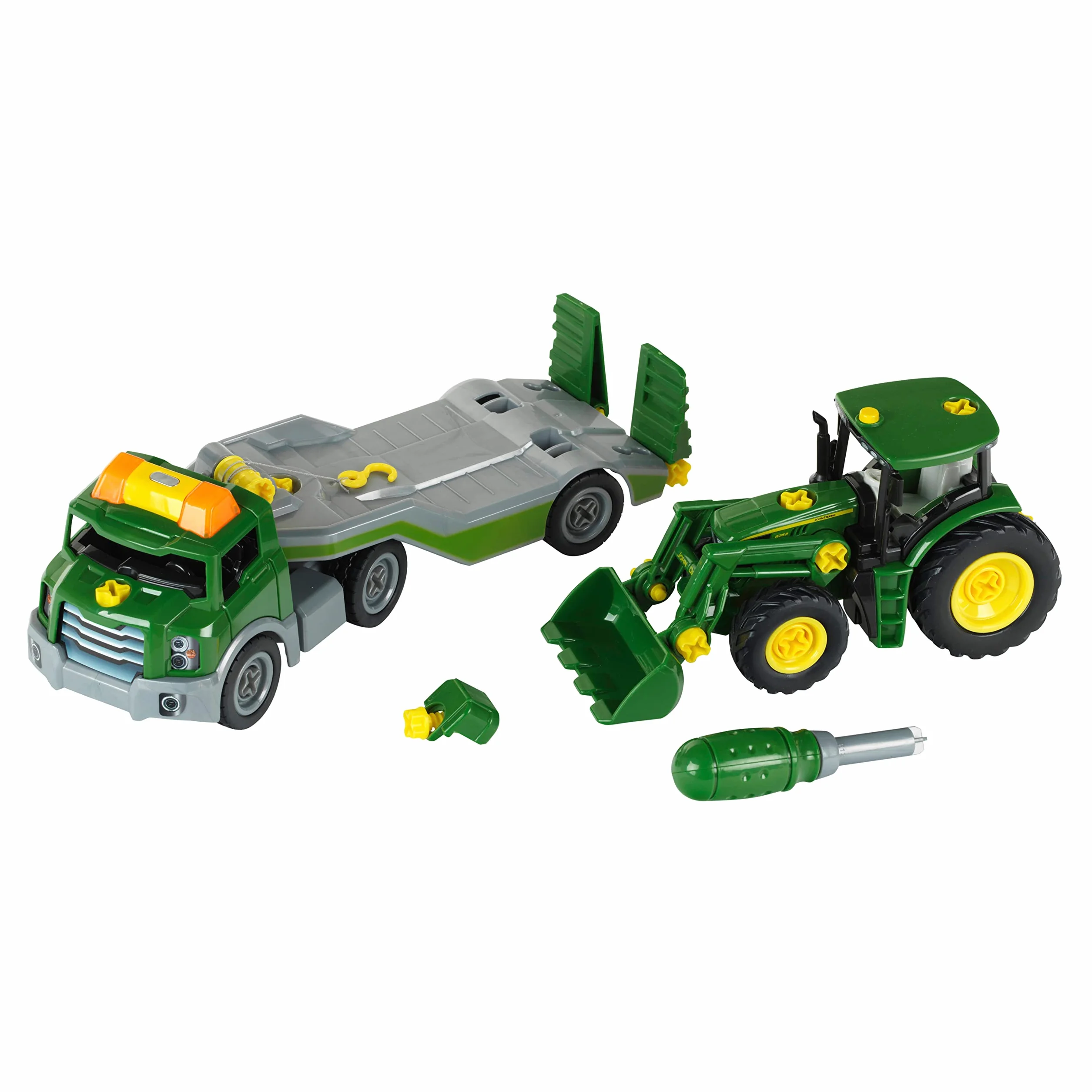 Theo Klein 3908 Transporter z traktorem John Deere I Zestaw śrubowy wraz ze śrubokrętem I Zabawki dla dzieci od 3. roku życia
