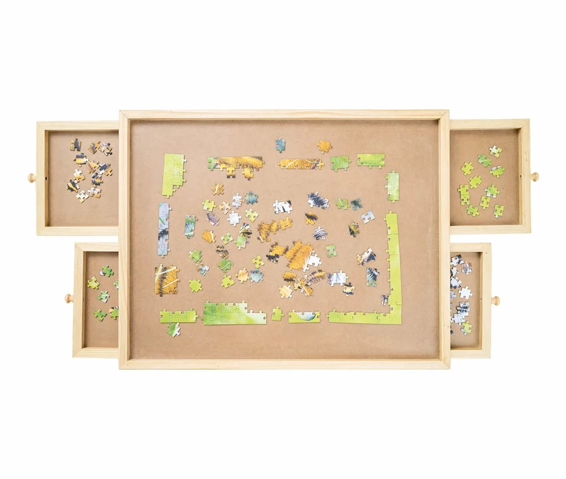 Mediashop Puzzle stół do 500 elementów – z 4 wysuwanymi szufladami – deska do puzzli z drewna – miejsce i porządek dla maksymalnej zabawy z puzzlami – łatwy montaż – zabawa dla dorosłych i dzieci