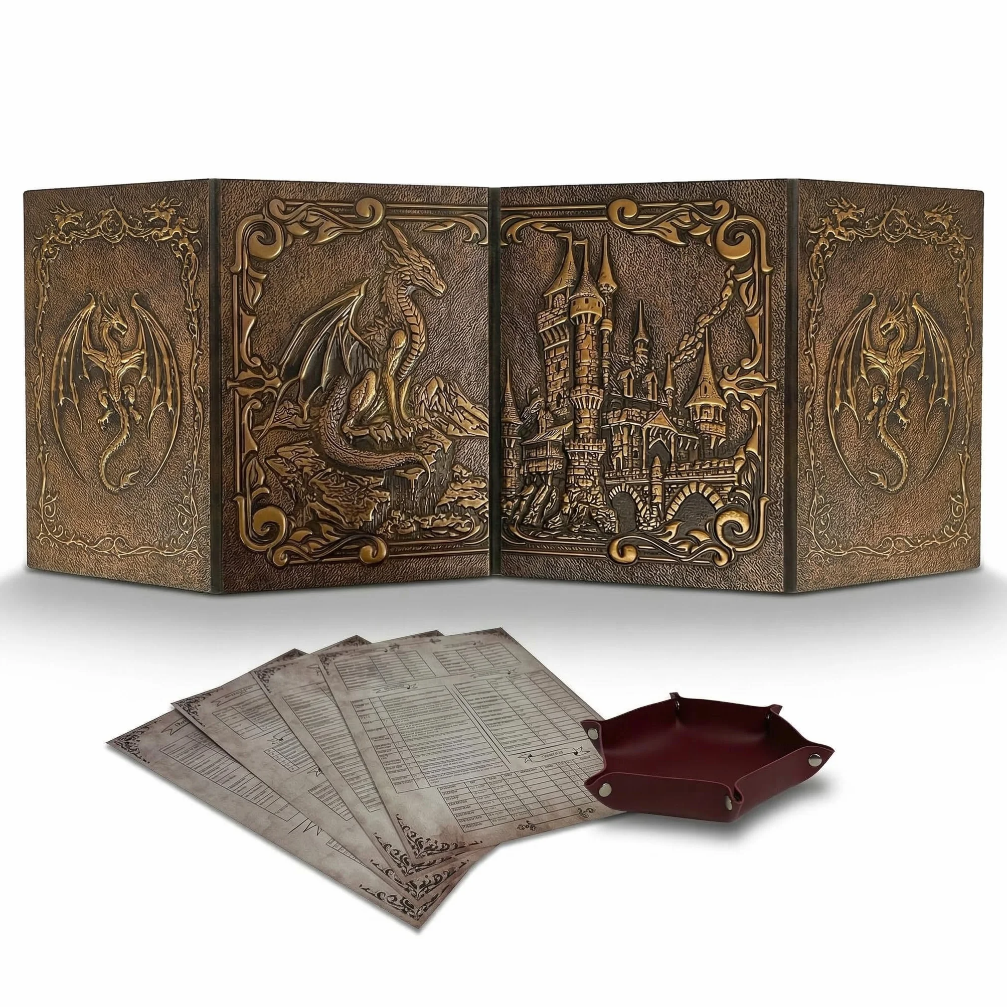 Ekran Dungeon Master z tacą na kości DOJA Hobbies, DM Screen DnD Składany 4 Panele Syntetyczna Miedziana Skórzana Z Dostosowanymi Kieszeniami, Lochy i Smoki Role Play Akcesoria