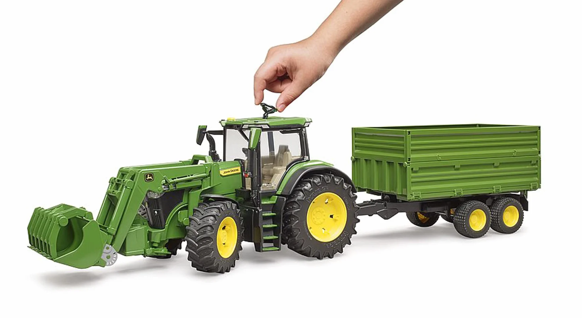 bruder 03155 - John Deere 7R 350 z ładowaczem czołowym i przyczepą transportową z osią tandemową - 1:16 Pojazd, Ciągnik, Bulldog, Rolnictwo, Farma, Przyczepa, bworld, Zabawki