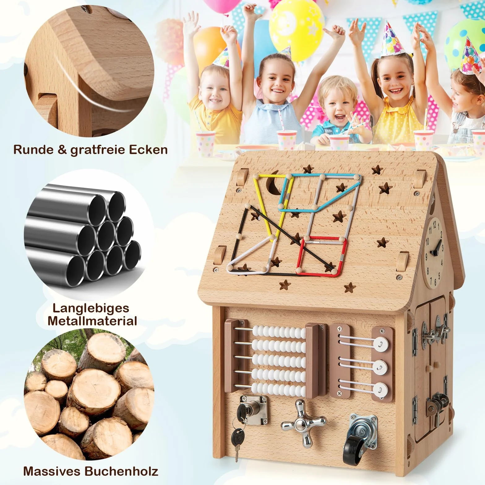 COSTWAY Domek do zabawy dla dzieci z drewna, sensoryczny domek z zabawkami sensorycznymi i miejscem do przechowywania wewnątrz, zabawka Montessori, kostka do aktywności, prezent dla chłopców i