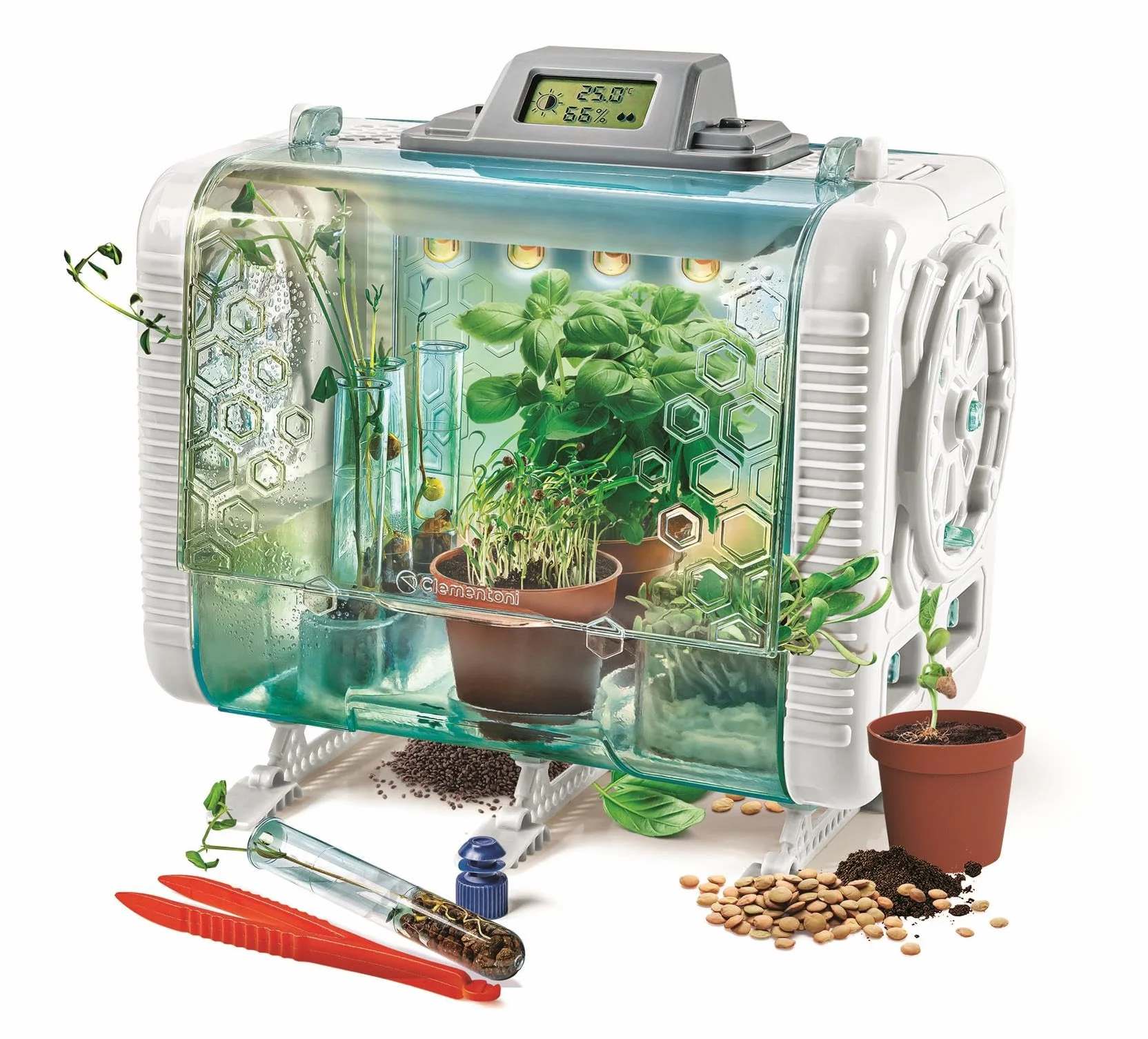 Clementoni Szklarnia technologiczna Zestaw botaniczny dla dzieci Eksperyment ogrodnictwo nauka Kontrola temperatury wilgotność światło Wyświetlacz LCD Wiek 8+