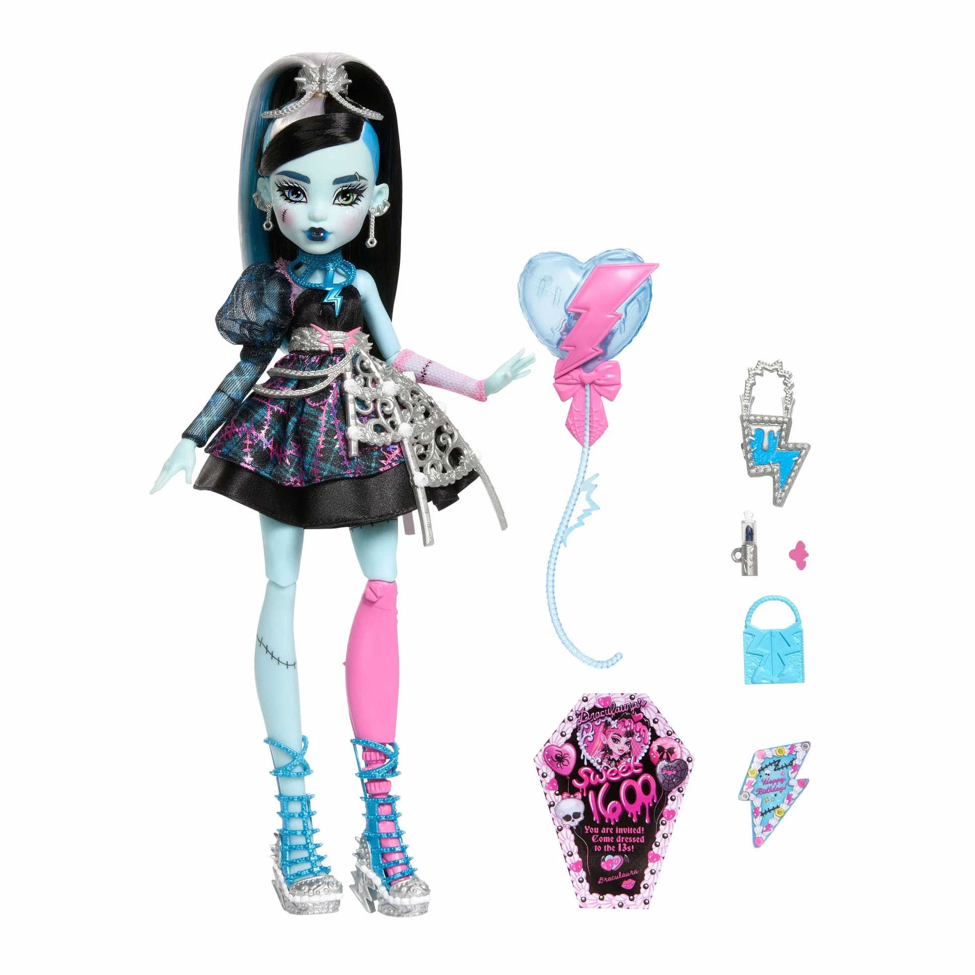 Monster High Straszysłodkie urodziny Frankie Stein Lalka zabawka w czarnej sukience z akcesoriami tematycznymi, w tym zaproszenie, „balon”, prezent i „szminka”, JBG75