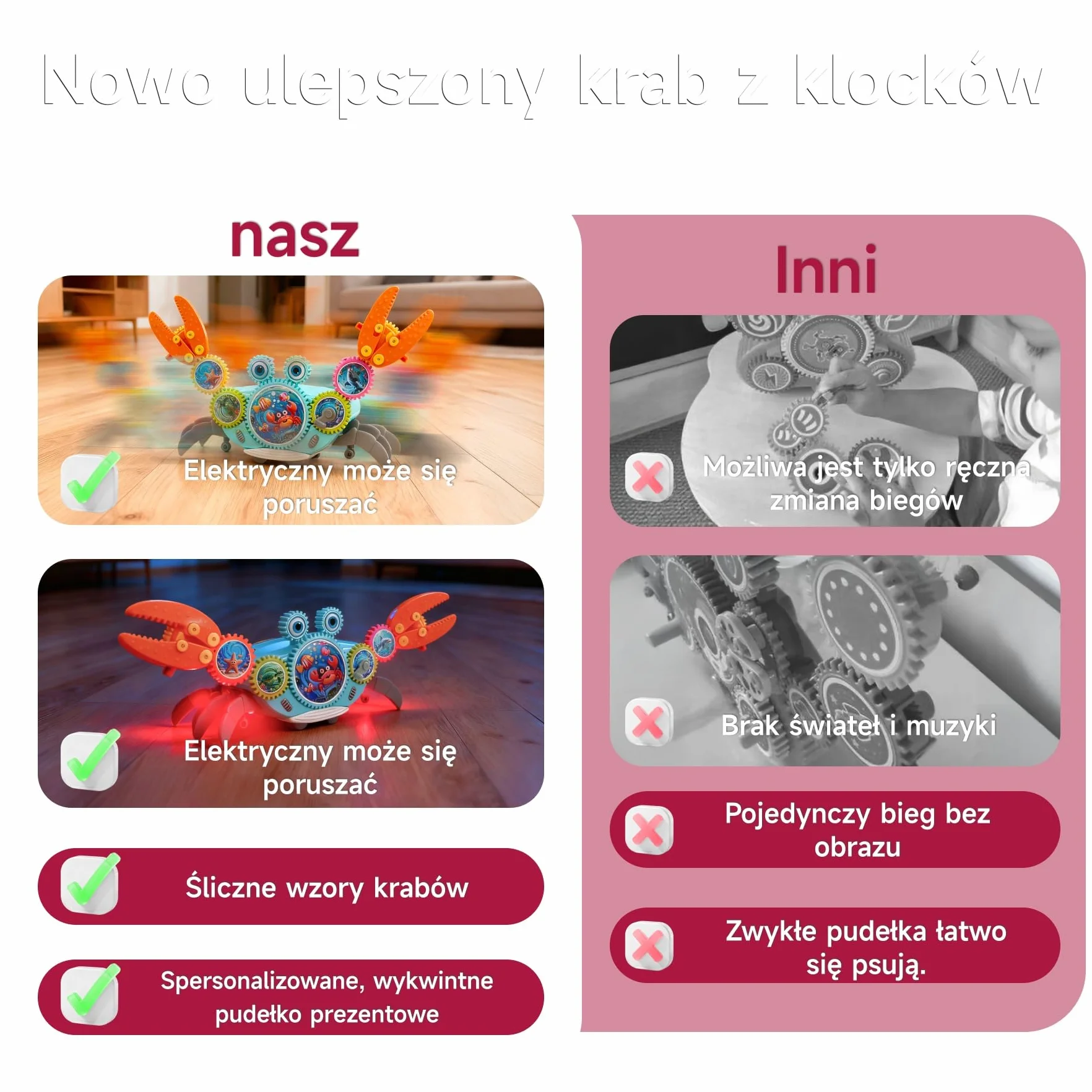 Klocki zębate krab, kreatywna zabawka konstrukcyjna z ruchem bocznym, muzyką i światłem, Montessori sensoryczna edukacyjna z wykrywaniem przeszkód, dla dzieci od 3 lat
