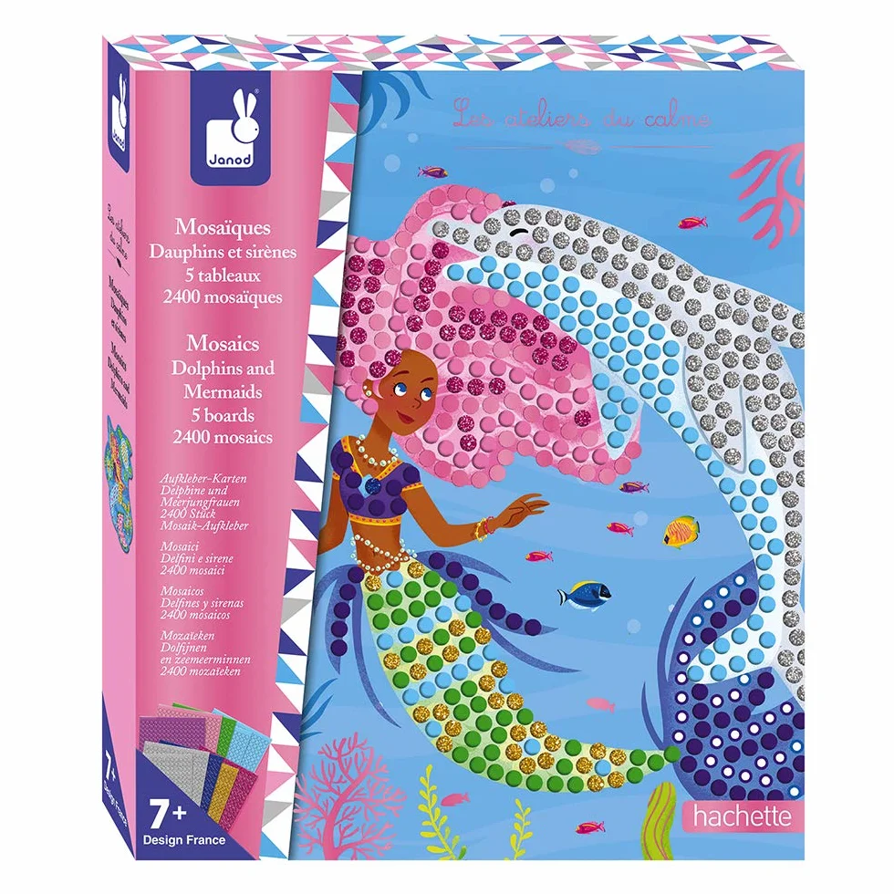 Janod - Dolphins and Mermaids Mosaics Set - Les Ateliers Du Calme - Children’s Creative Leisure Kit - Develops Fine Motor Skills and Concentration - Suitable for Ages 7 and Up, J07961