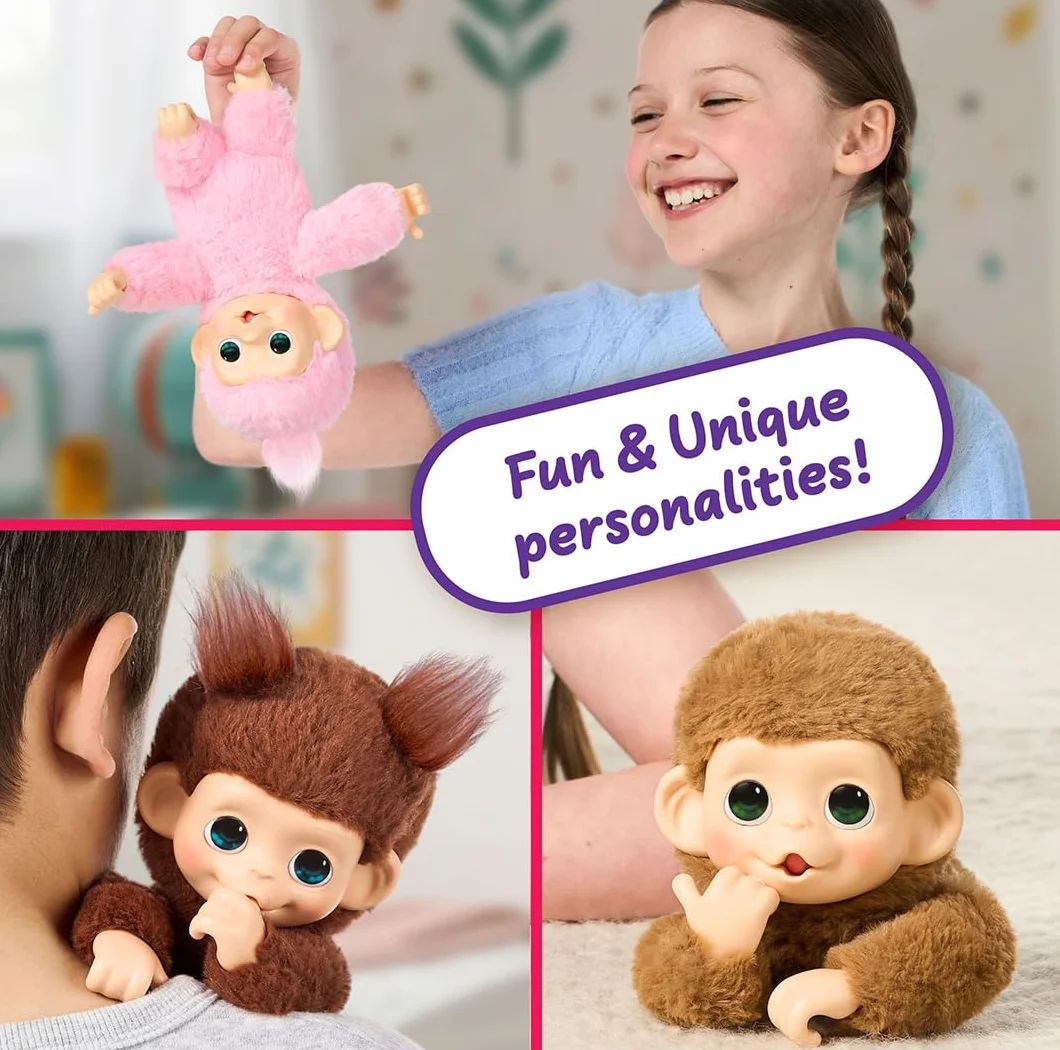 Little Live Pets Baby Monkey Minis – Chikki Cherry. Interaktywna zabawka dla zwierząt domowych. Ponad 20 dźwięków i reakcji. Miękkie brązowe futro. 18,8 cm wysokości. Super realistyczny. Karmić