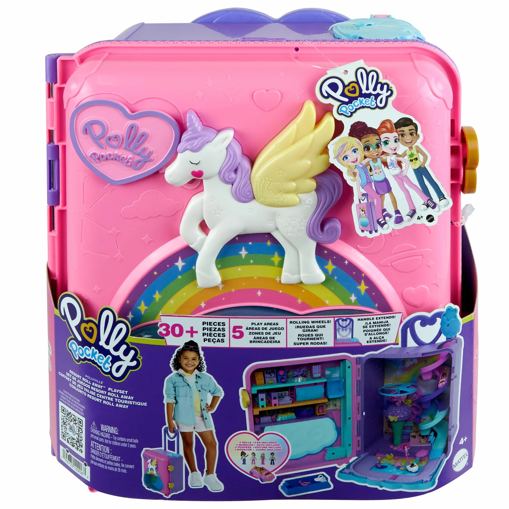 Polly Pocket Wakacyjny kurort Zestaw Walizka z 4 lalkami, 1 pojazdem i ponad 25 akcesoriami, HKV43