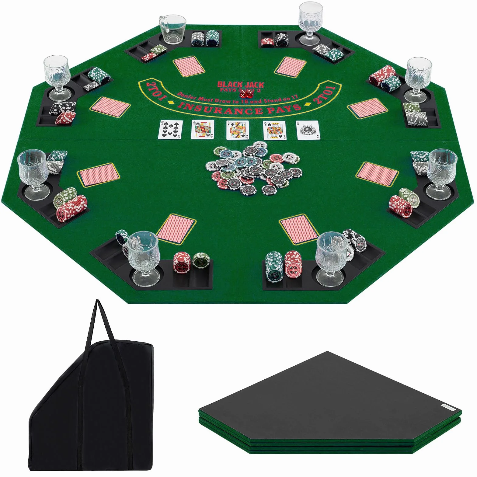 COSTWAY Texas Holdem mata do pokera, 120 x 120 cm, składana, dla 8 graczy, z uchwytami na napoje, dywan do pokera z torbą do przenoszenia, ośmiokątna, zielona