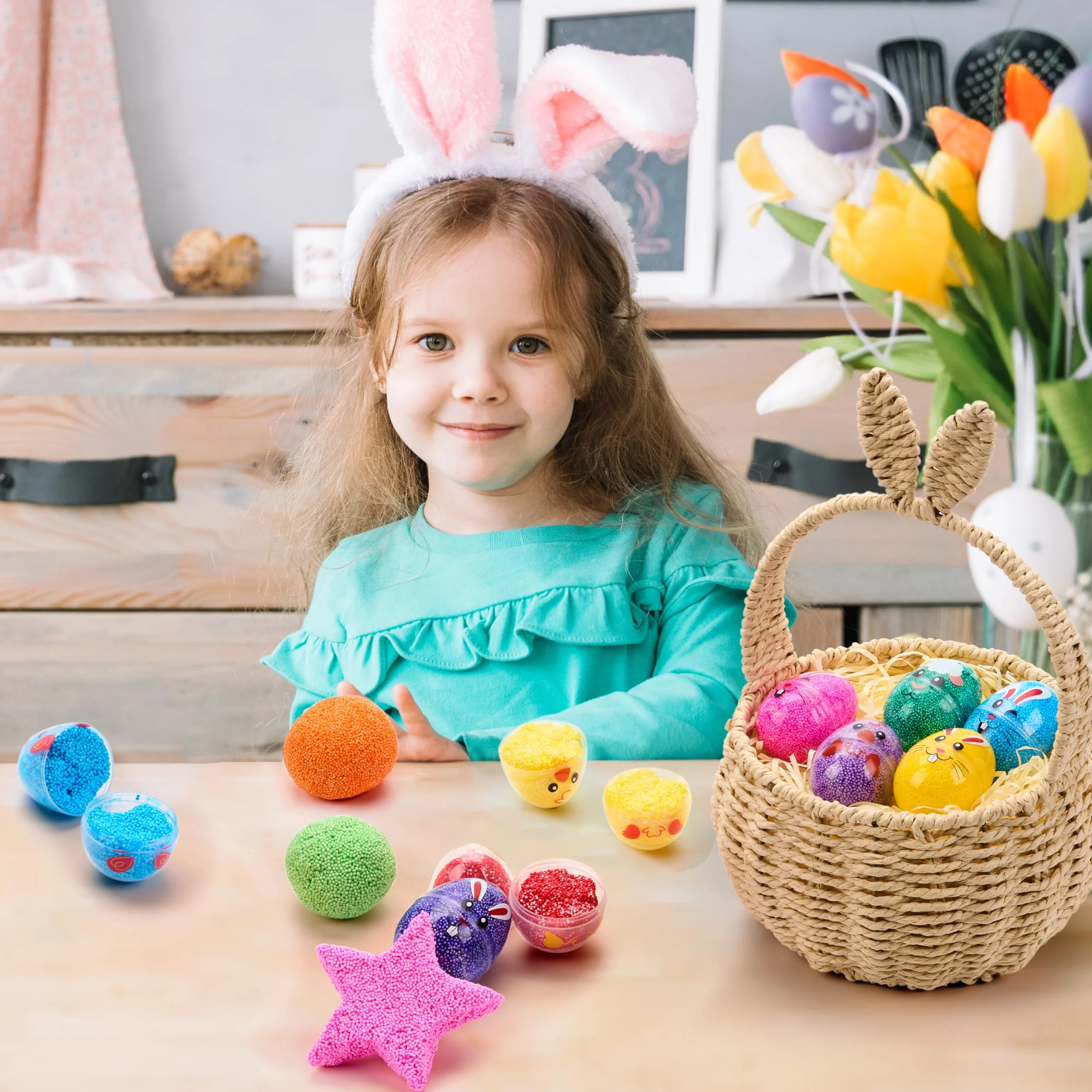 JOYIN 12 sztuk wstępnie napełnionych jajek z gąbczastą pianką perłową, plastikowe jajka wielkanocne z wypełnieniem z pianki do prasowania, polowanie na jajka wielkanocne dla dzieci, kosz do
