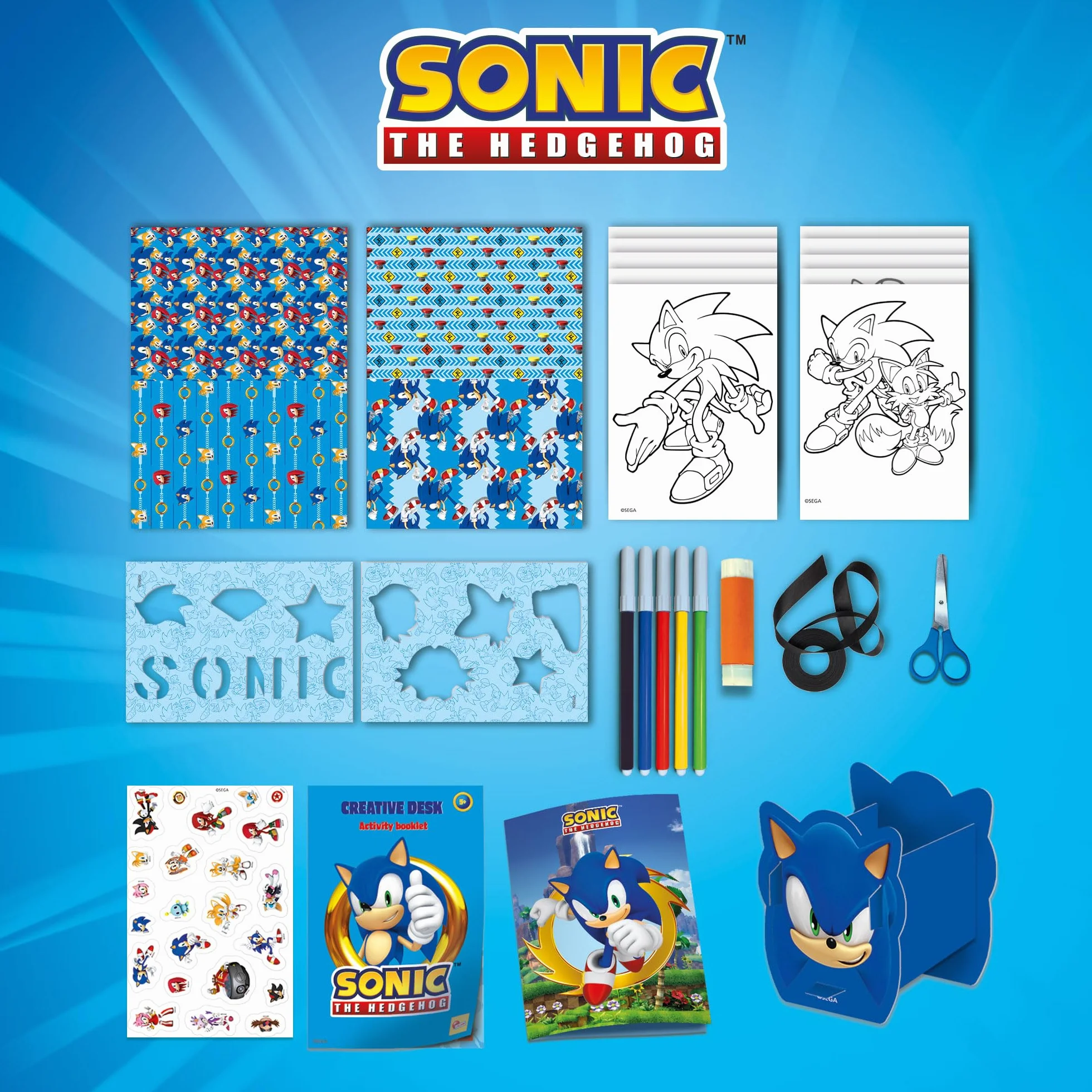 Lisciani SONIC kreatywny zestaw biurkowy, przenośny, kreatywny zestaw dla dzieci od 3 lat, rysunek i kolorowanie, uchwyt na długopisy do budowania, naklejki, przenośne zajęcia artystyczne