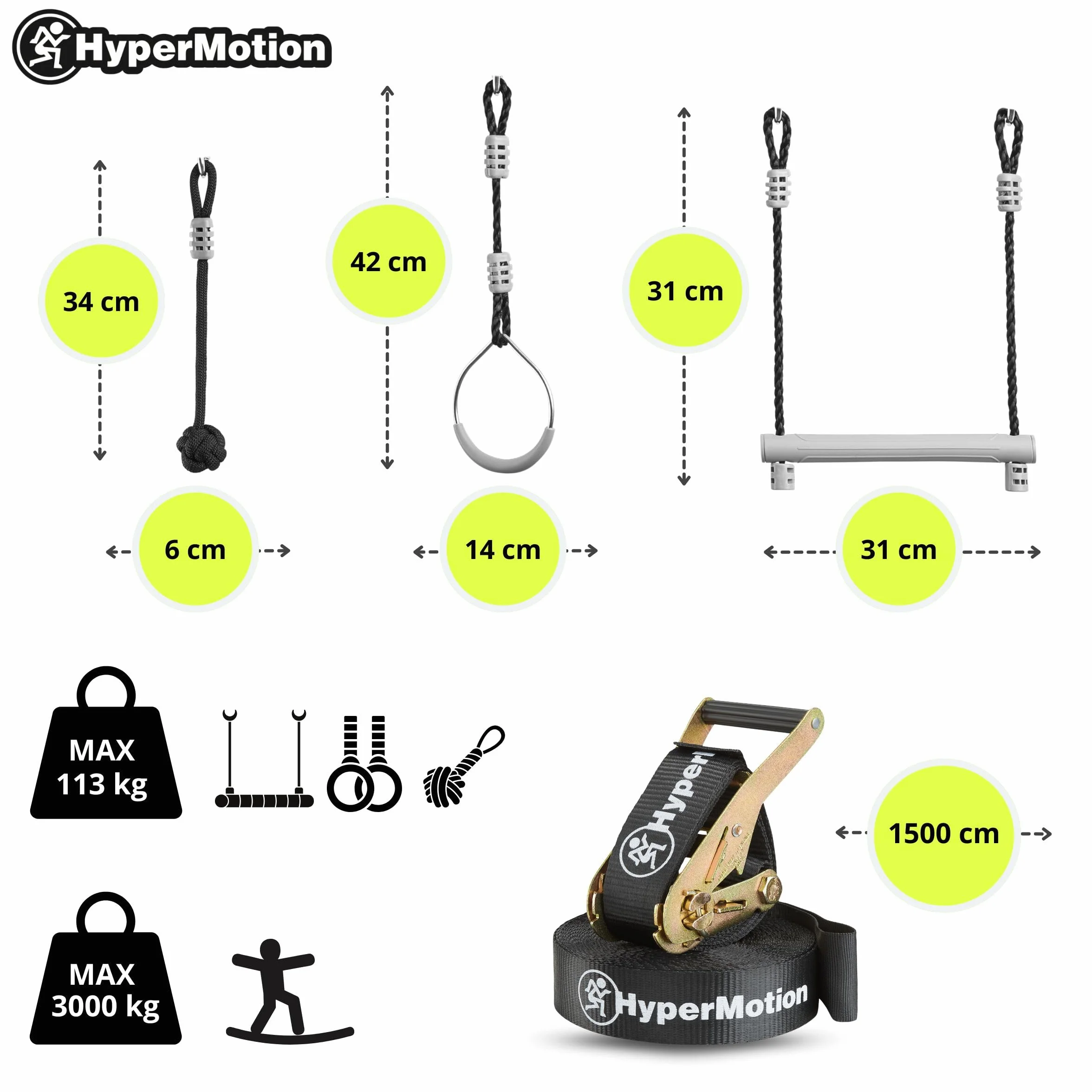 HyperMotion Tor Przeszkód Ninja Dla Dzieci Zestaw Slackline – 7 Przeszkód Z Kółkami Małpimi Pięściami I Drążkami – Udźwig Do 113 kg – Do Ogrodu – Outdoor Zabawa Ruchowa Dla Dzieci I Młodzieży