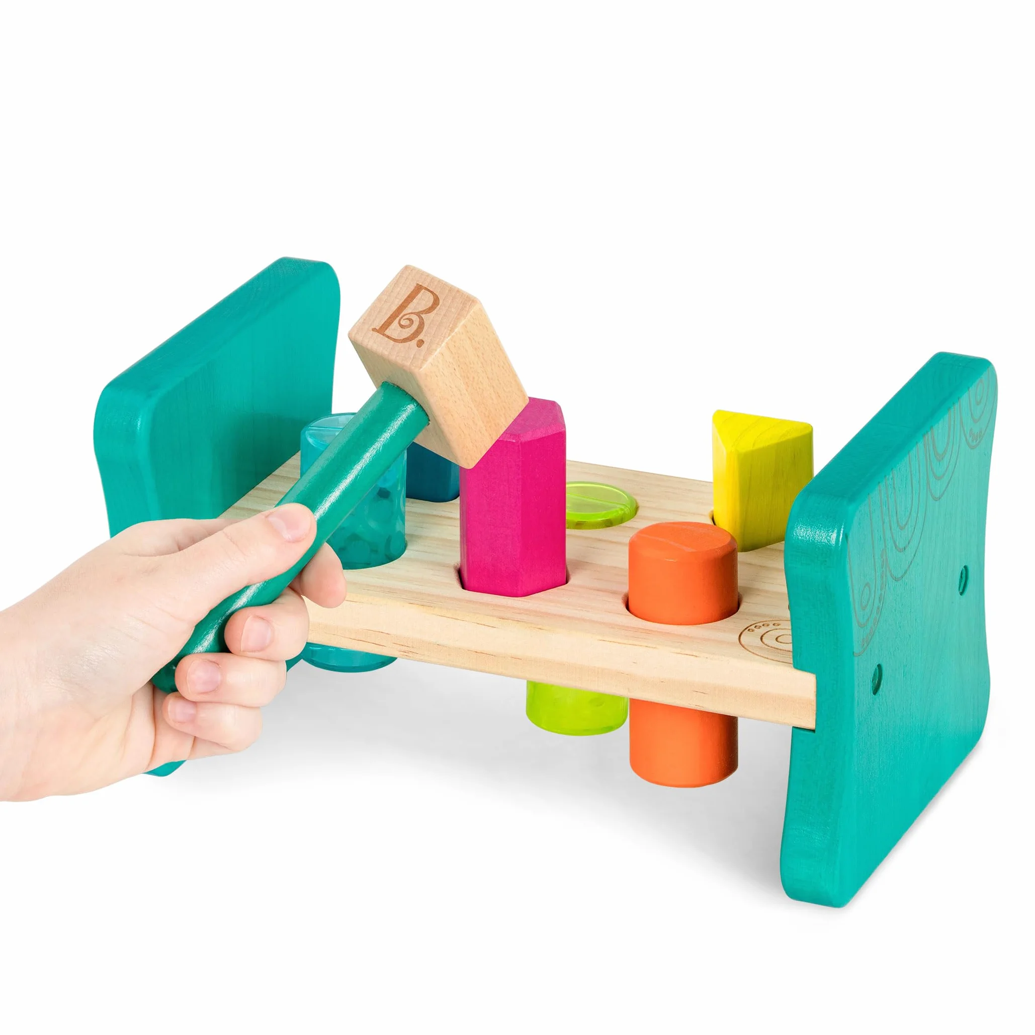 B. toys by Battat BX1762Z drewniana ławka do wbijania - 6 śledzi i młotek zabawkowy - zabawka do sortowania kształtów dla małych dzieci, dzieci - kolorowy funt i zabawa - 2 lata +