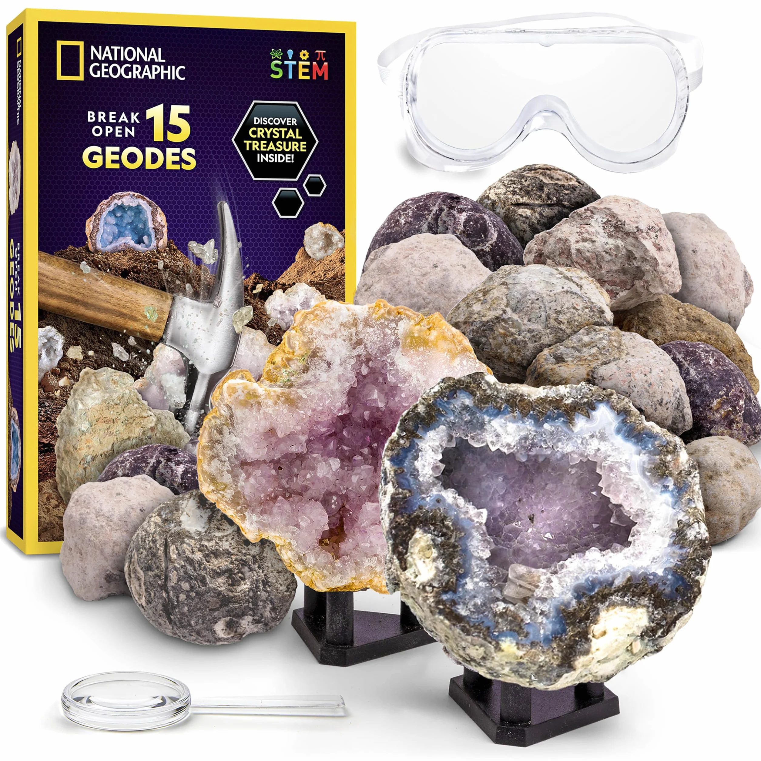 NATIONAL GEOGRAPHIC Break 15 Premium Geods - z okularami, przewodnikiem edukacyjnym, 3 ekspozytorami, doskonałą zabawką naukową i prezentem edukacyjnym