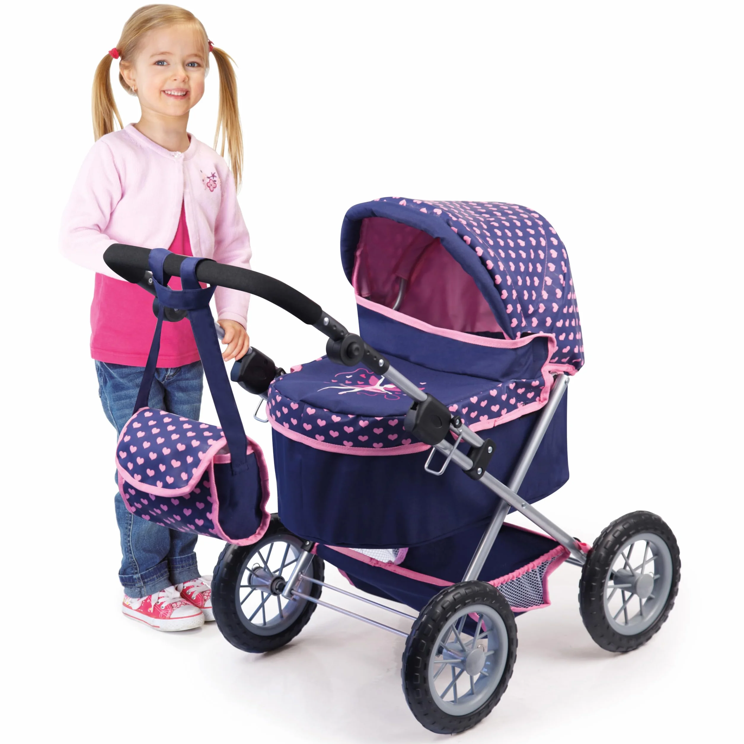 Bayer Design 13052AA Wózek dla lalek Trendy z torbą, regulowaną rączką, składany, zintegrowanym koszem, dużymi kołami, dla chłopców i dziewczynek od 3 lat