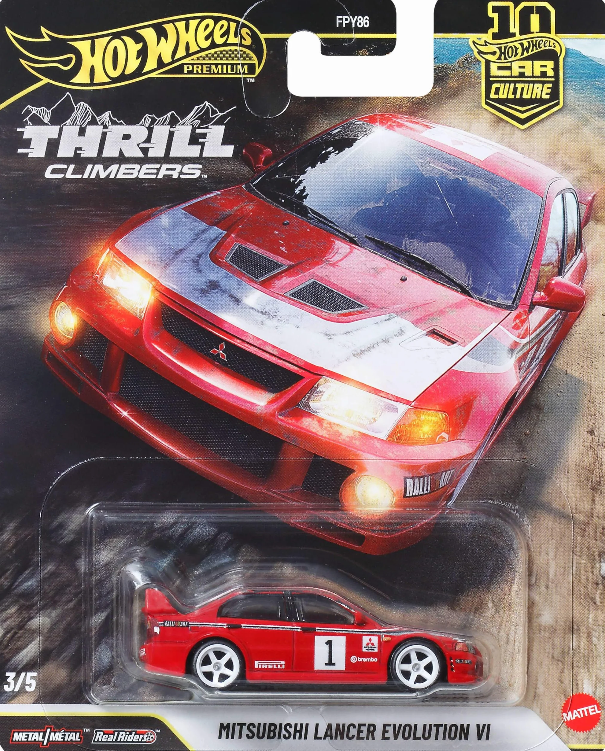 Hot Wheels Premium Car Culture Kultowe auta Samochodzik Mitsubishi Lancer Evolution VI, metalowe auto w skali 1:64, opony Real Riders, samochód zabawka dla dzieci 3+ i kolekcjonerów, JKF19