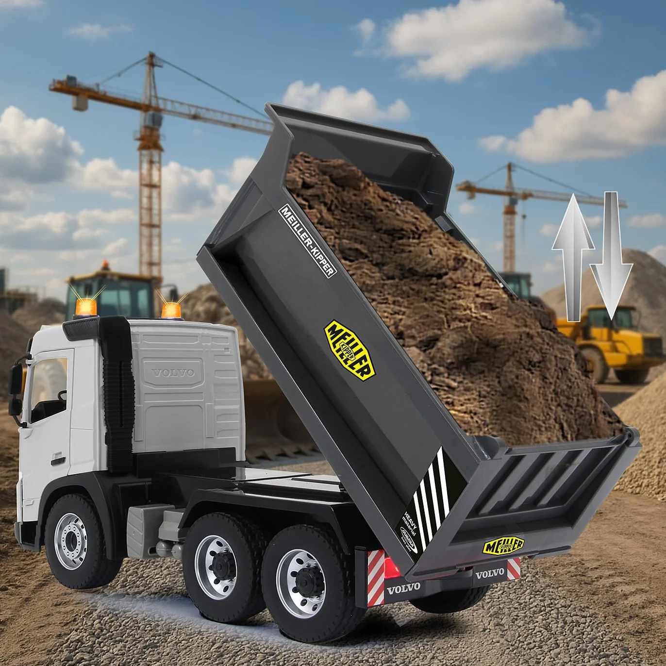 JAMARA Wywrotka Volvo FMX Meiller 1:20 2,4 GHz – oficjalnie licencjonowana, dźwięk ostrzegawczy cofania, profilowane gumowe opony, światło LED, wgłębienie uchylne w górę/w dół, pojazd budowlany