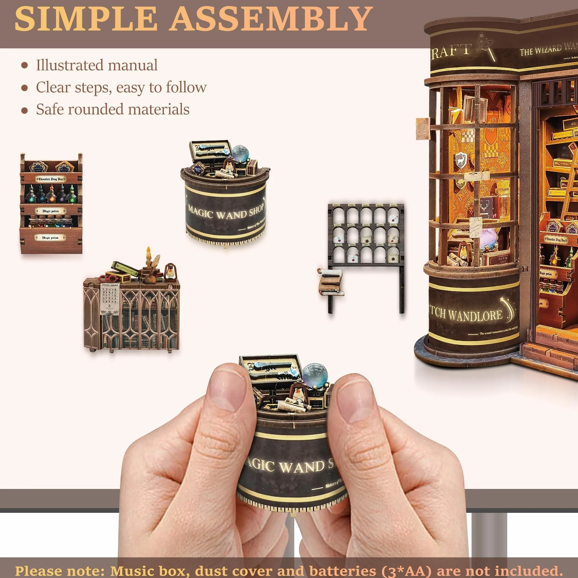 Zestaw do budowy wnętrza książkowego dla dorosłych: LUMYCE drewniane puzzle DIY miniaturowy dom 3D dom lalek - podpórka do księgarni z oświetleniem LED, kreatywny prezent dla czytelników