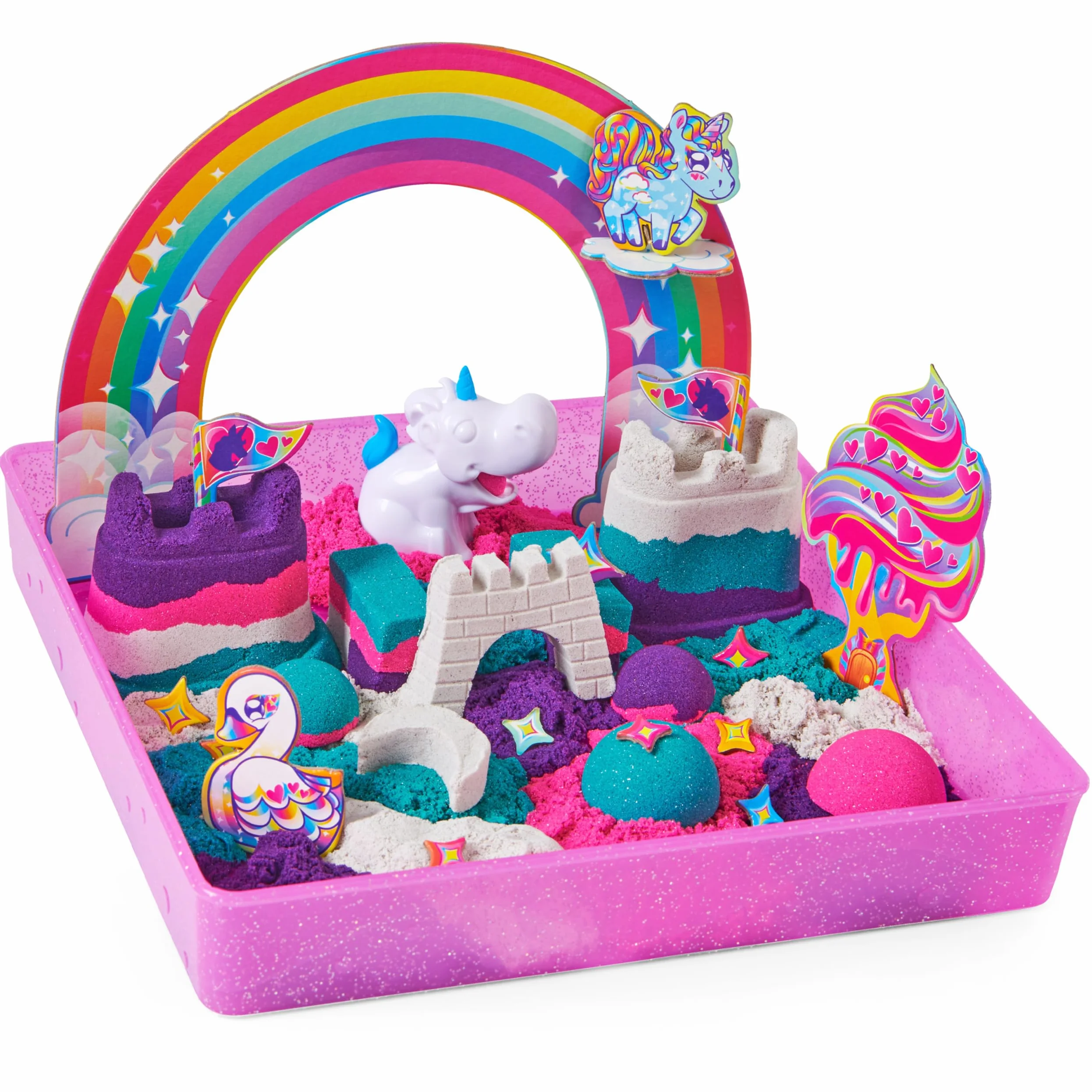 KINETIC SAND MAGIC SAS - KRÓLESTWO Jednorożców 907 G + 8 foremek - Twórz różne hipnotyzujące kształty dzięki temu magicznemu i kolorowemu piaskowi przypominającemu pastę modelarską - Zabawka dla