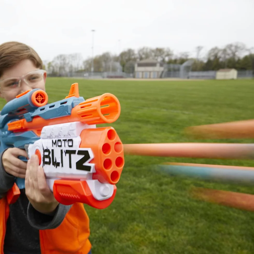 Wyrzutnia Nerf Elite 2.0 Motoblitz, zautomatyzowane wystrzeliwanie 10 strzałek, wystrzeliwanie 6 strzałek naraz funkcją Airblitz, magazynek, 22 strzałki Elite